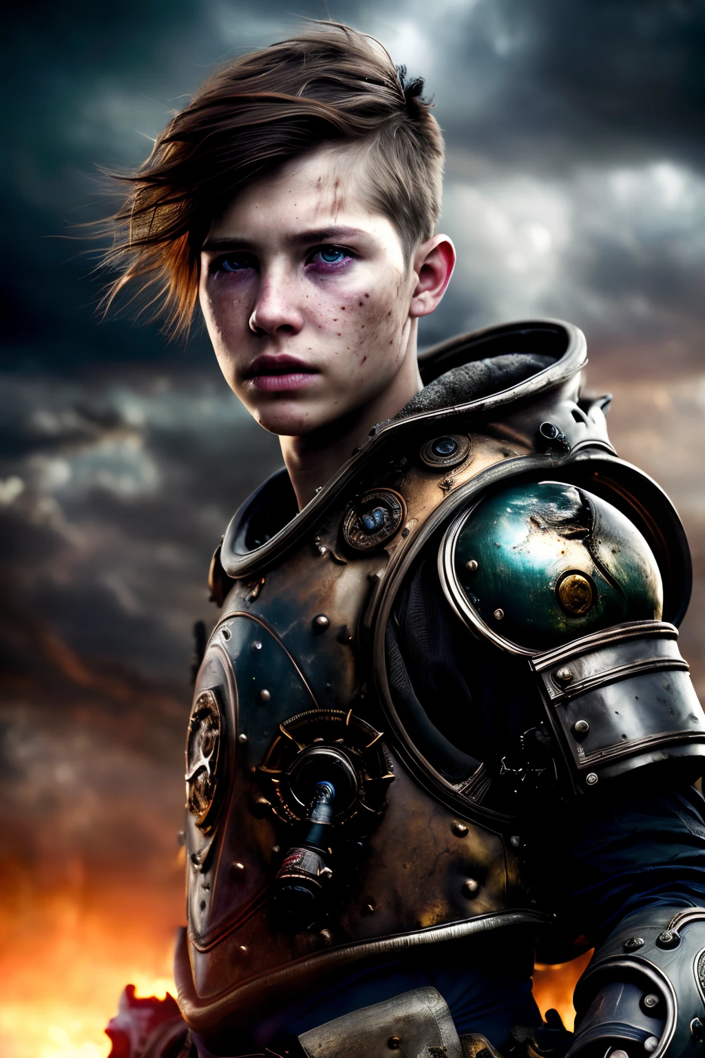 (realistic photo:1.5), (((high resolution))), (((extremely detailed))), ((masterpiece)), skyscape with clouds, full-colored nightfall, dramatic shadows, depth of field, 35 mm, (((best quality))), highly detailed, postapocalyptic eastern boy, steampunk aesthetic, torn dirty clothes, hockey helmet, glasses, fat, plump, corpulent physique, (very short dirty hair), depth of field, (Focus: 1.2), full body shot, unzoomed, ((bravery look)), dark atmosphere, Armageddon, increase cinematic lighting, detailed face and skin texture, fine eyes, naturally skin, random hair colour, doomsday aura, vivid colors