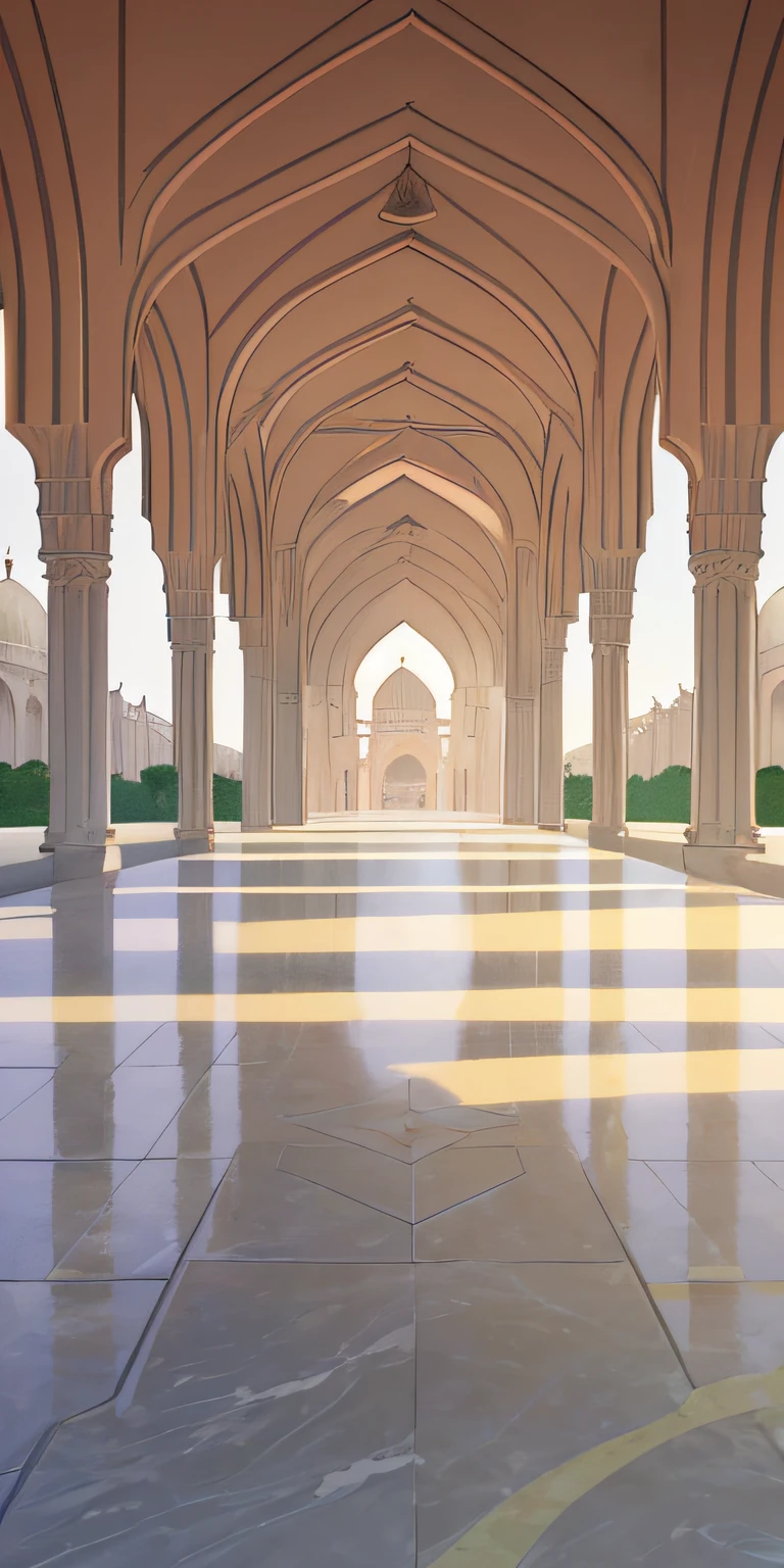 A picture divided vertically into 3 sections, the right part looks like a tropical forest full of trees, the part in the middle where the columns of the Prophet's Mosque look, and the left part where the halls of a luxurious Ottoman palace appear.