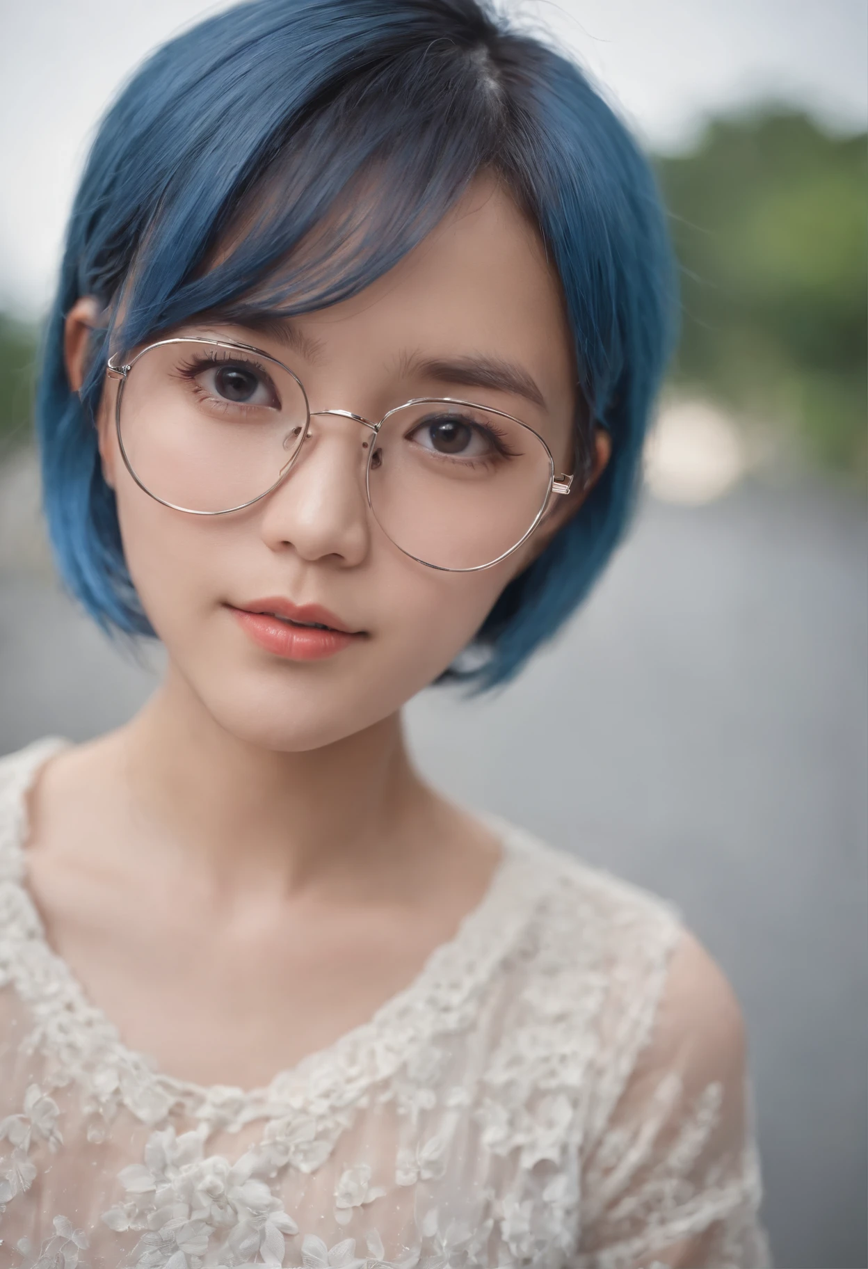 masutepiece, Japan beautiful young girl - Indonesian, Cute young girl in shirt and short skirt,Blue haired girl (short-hair), Girl with thin rounded glasses, cute young woman, Asian, Background in Indonesia