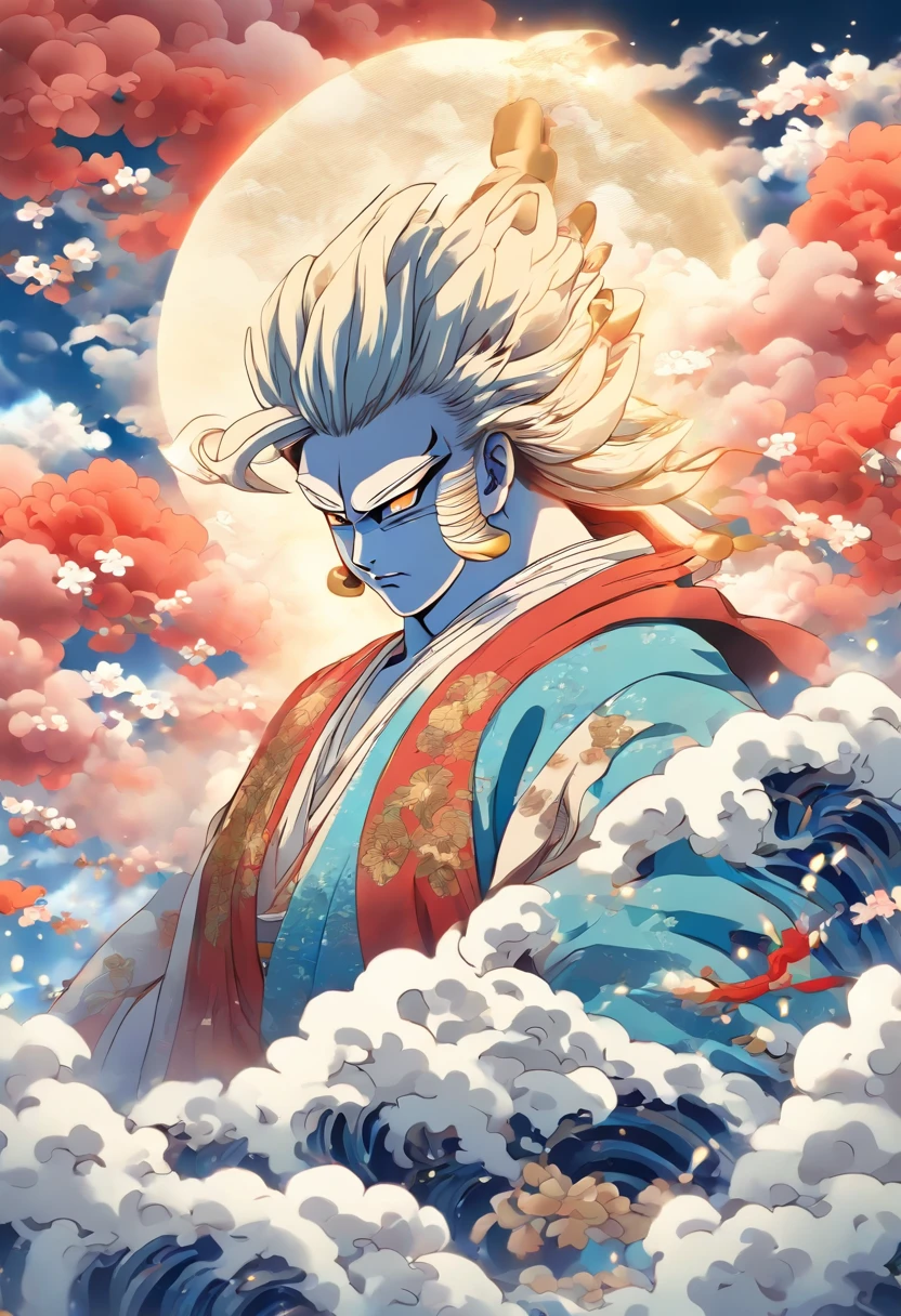 (((Japanese God))) best quality, ultra-high resolution, 4K detailed CG, masterpiece, TSUKUYOMI, Man, white clothes, blue clothes, clouds,Moon in the background, Japanese mythology, Japan, Shui Mo Hua, Chinese painting style, Thangka Style, aesthetics, beautiful image, depth of field, centered on canvas