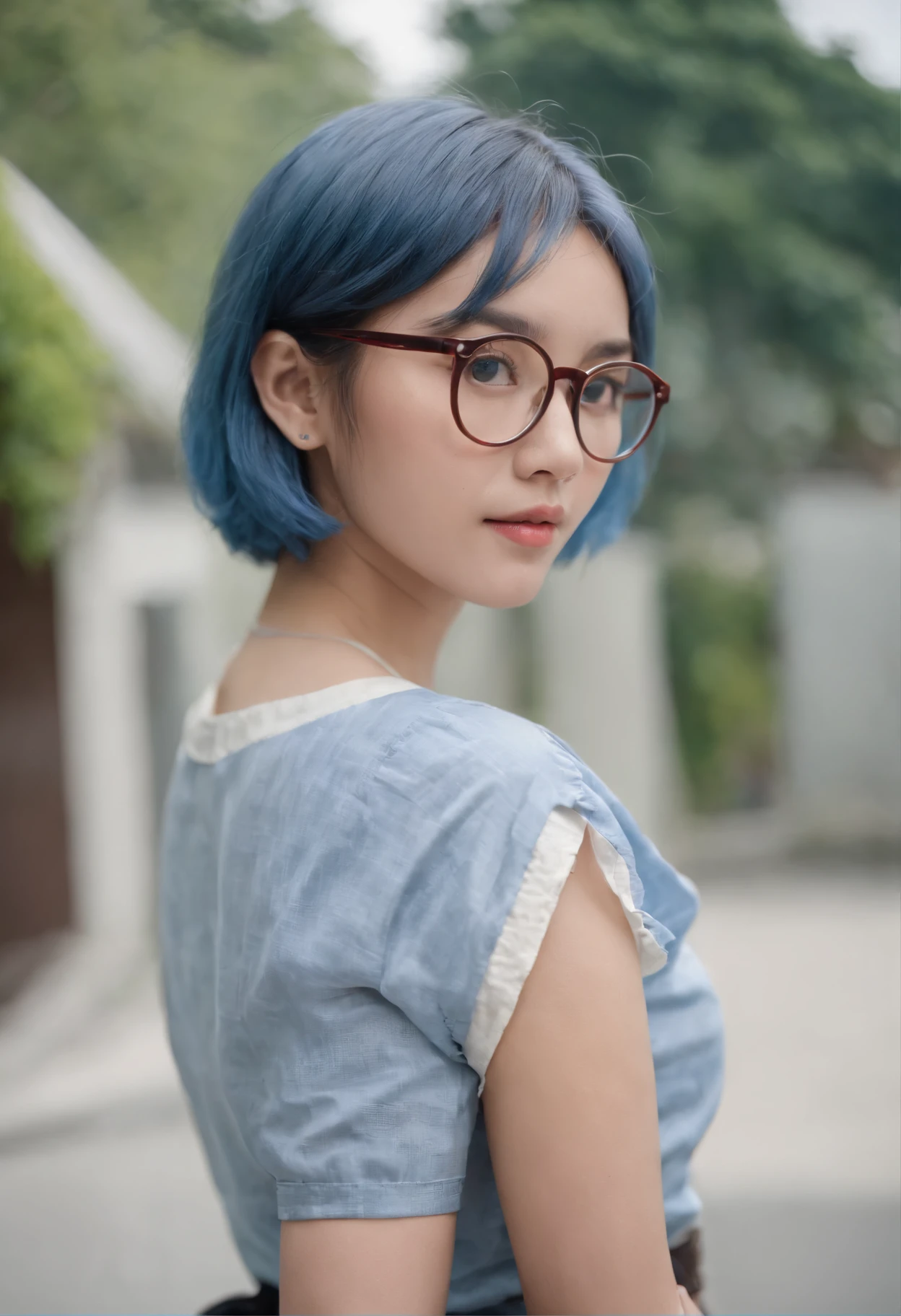 masutepiece, Japan beautiful young girl - Indonesian, Cute young girl in shirt and short skirt,Blue haired girl (short-hair), Girl with thin rounded glasses, cute young woman, Asian, Background in Indonesia