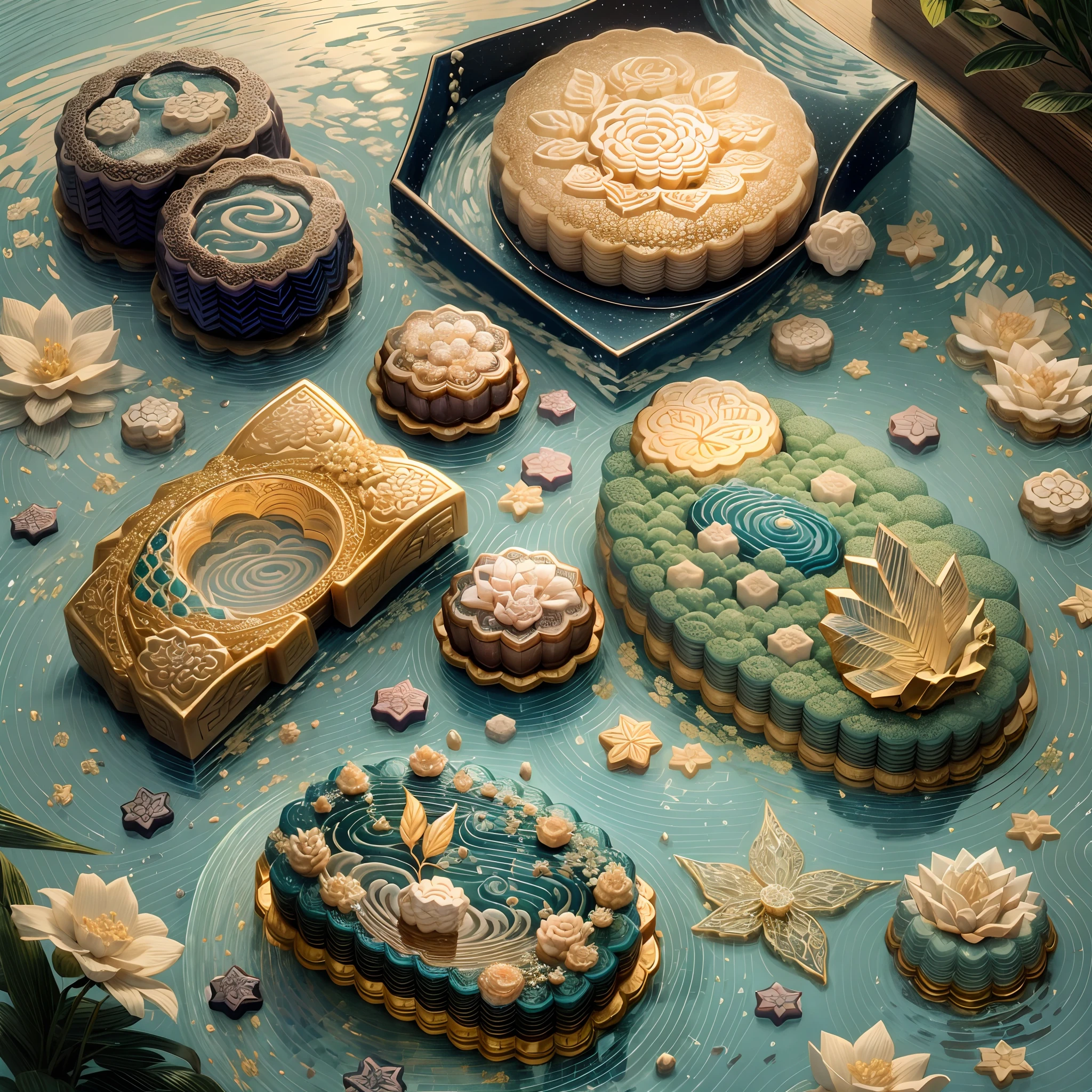 ((Crystal mooncakes,Ice skin mooncakes)),(The moon is empty),Crystal clear mooncakes,The background of the flowing texture,Bright moon,(The is very detailed,reasonable design,Clear lines,High- sharpness,tmasterpiece,offcial art,4K)