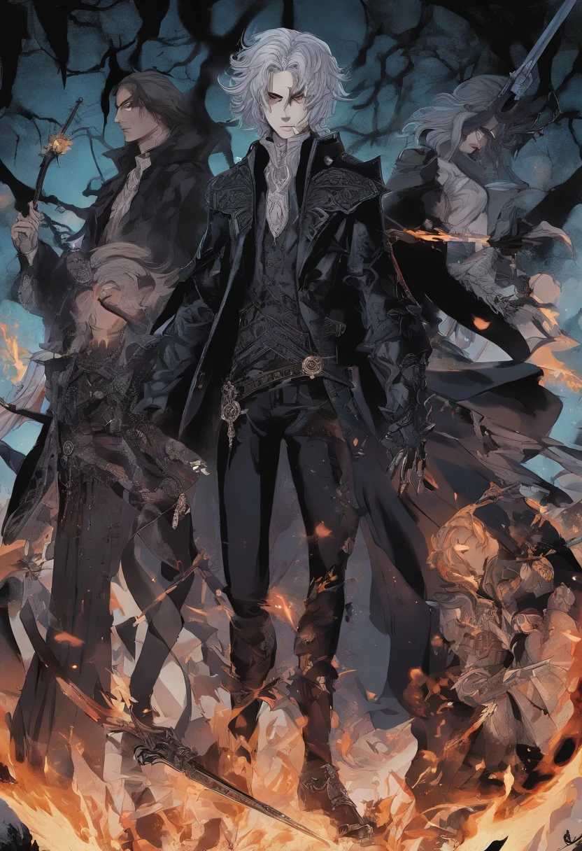 1 homem, adulto, homem, cabelos pretos, HOMEM, olhos finamente detalhados, retrato, olhando para o espectador, solo, rosto detalhado, (bloodborne horror), palido, black dark and rough leather clothes, gothic scenario, discretion, disguised, noite, sombras, mistborn, (dutch angle), boca fechada, pele branca palida, undead, renascido, revenant, olhos azuis brilhantes, olhos brilhantes, OLHOS BRILHANTES LUMINOSOS, homem de cabelo longo preto, cabelo preto, Cabelos longos amarrados, com um olho azul brilhante com veias negras, Use uma jaqueta preta longa, Like a blood hunter, Nas costas, ele carrega uma espada, He is engulfed in flames and is fighting various monsters of the night., encarnando uma dura batalha para proteger Barovia e seus habitantes. Anime dos anos 80 ainda, retro fashion, Dungeon and Dragons Personagem Dark Fantasy Arte Digital Muted Pastel Colors, muted retro colors, CRT TV Screen por Tsukasa Hojo e Toshihiro Kawamoto -