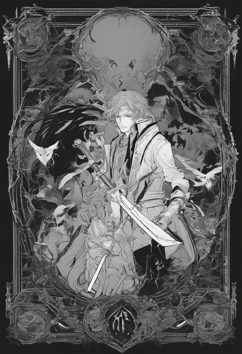 1 homem, adulto, homem, cabelos pretos, HOMEM, olhos finamente detalhados, retrato, olhando para o espectador, solo, rosto detalhado, (bloodborne horror), palido, black dark and rough leather clothes, gothic scenario, discretion, disguised, noite, sombras, mistborn, (dutch angle), boca fechada, pele branca palida, undead, renascido, revenant, olhos azuis brilhantes, olhos brilhantes, OLHOS BRILHANTES LUMINOSOS, homem de cabelo longo preto, cabelo preto, Cabelos longos amarrados, com um olho azul brilhante com veias negras, Use uma jaqueta preta longa, Like a blood hunter, Nas costas, ele carrega uma espada, He is engulfed in flames and is fighting various monsters of the night., encarnando uma dura batalha para proteger Barovia e seus habitantes. Anime dos anos 80 ainda, retro fashion, Dungeon and Dragons Personagem Dark Fantasy Arte Digital Muted Pastel Colors, muted retro colors, CRT TV Screen por Tsukasa Hojo e Toshihiro Kawamoto -
