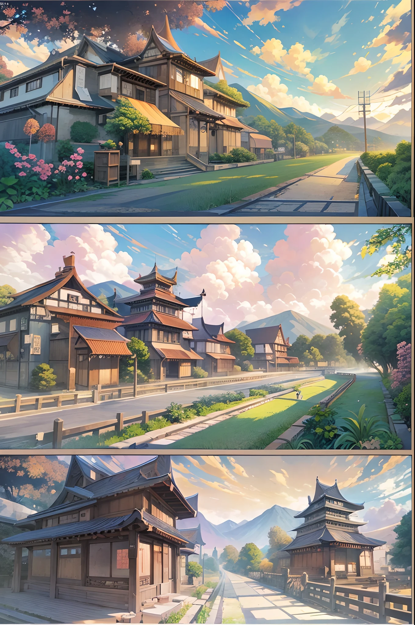 （（（Comic storyboard））），comic strip，Two-dimensional picture，Manhwa Style，Ultra-wide angle of view，China-style，a town with beautiful scenery，Faraway view，Vivid and bright colors，super-fine，ultra - detailed，high qulity，8K ，oc rendered，dynamic viewing angle，Hyper-realistic，Hyper Real，Ultra photo realsisim