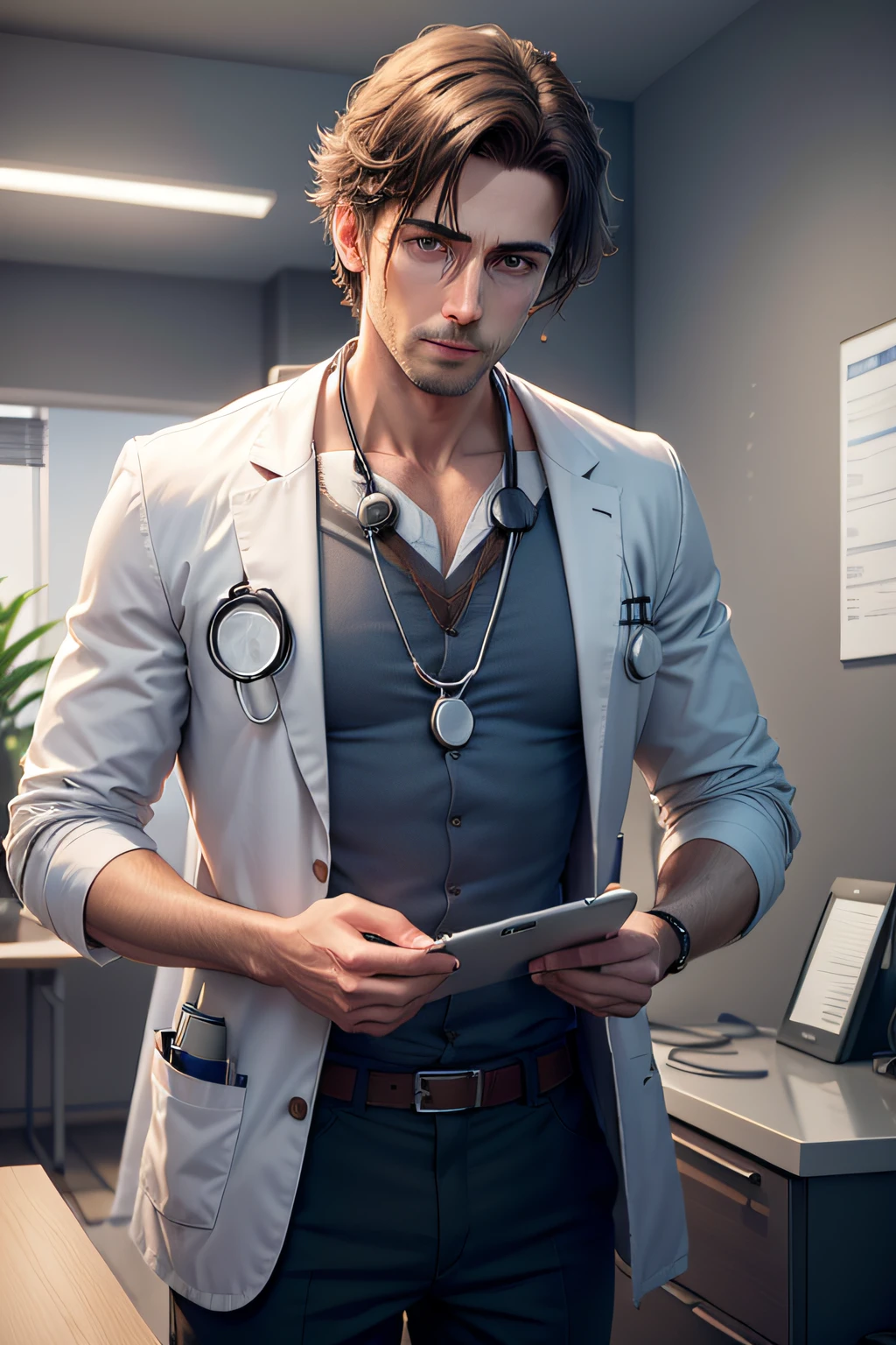 Create an ultra-realistic image of a male doctor in a consultation room, destacando cada detalhe do rosto, Medical uniform, stethoscope and other medical accessories.