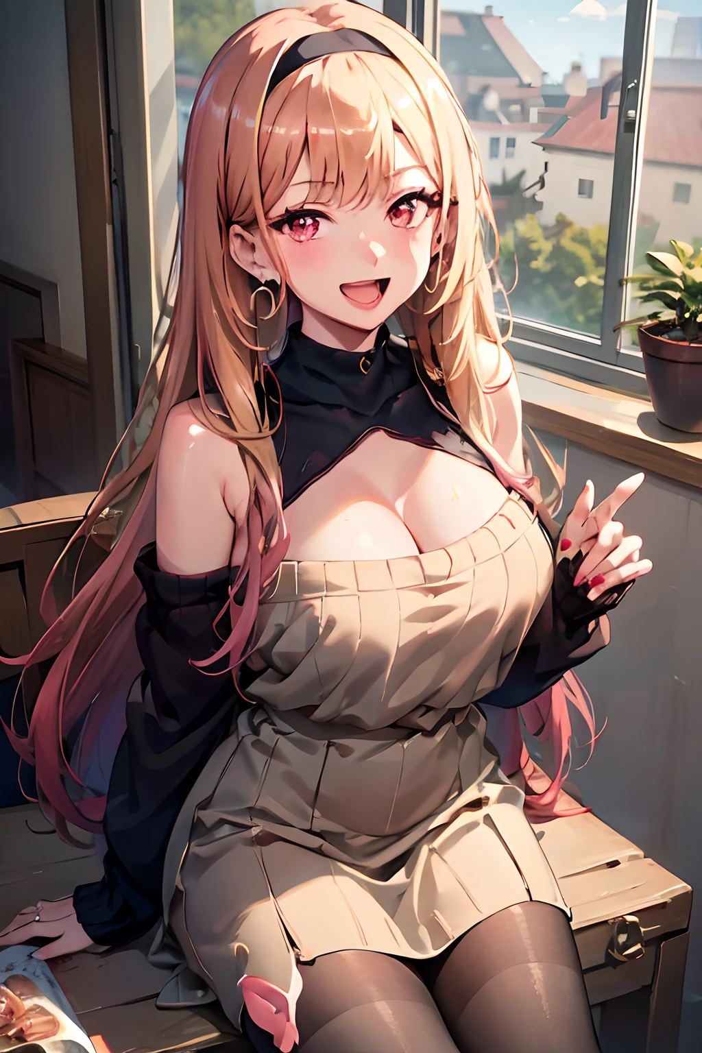 (((masterpiece))), MarinKitagawa, 1girl, solo, long hair, looking at viewer, blush, smile, open mouth, blonde hair, large breasts, red eyes, long sleeves, dress, cleavage, bare shoulders, jewelry, collarbone, pink hair, :d, pantyhose, cowboy shot, hairband, earrings, choker, indoors, off shoulder, nail polish, sweater, sleeves past wrists, black pantyhose, window, black choker, piercing, black hairband, plant, ear piercing, potted plant, off-shoulder sweater, red sweater, colored tips,
