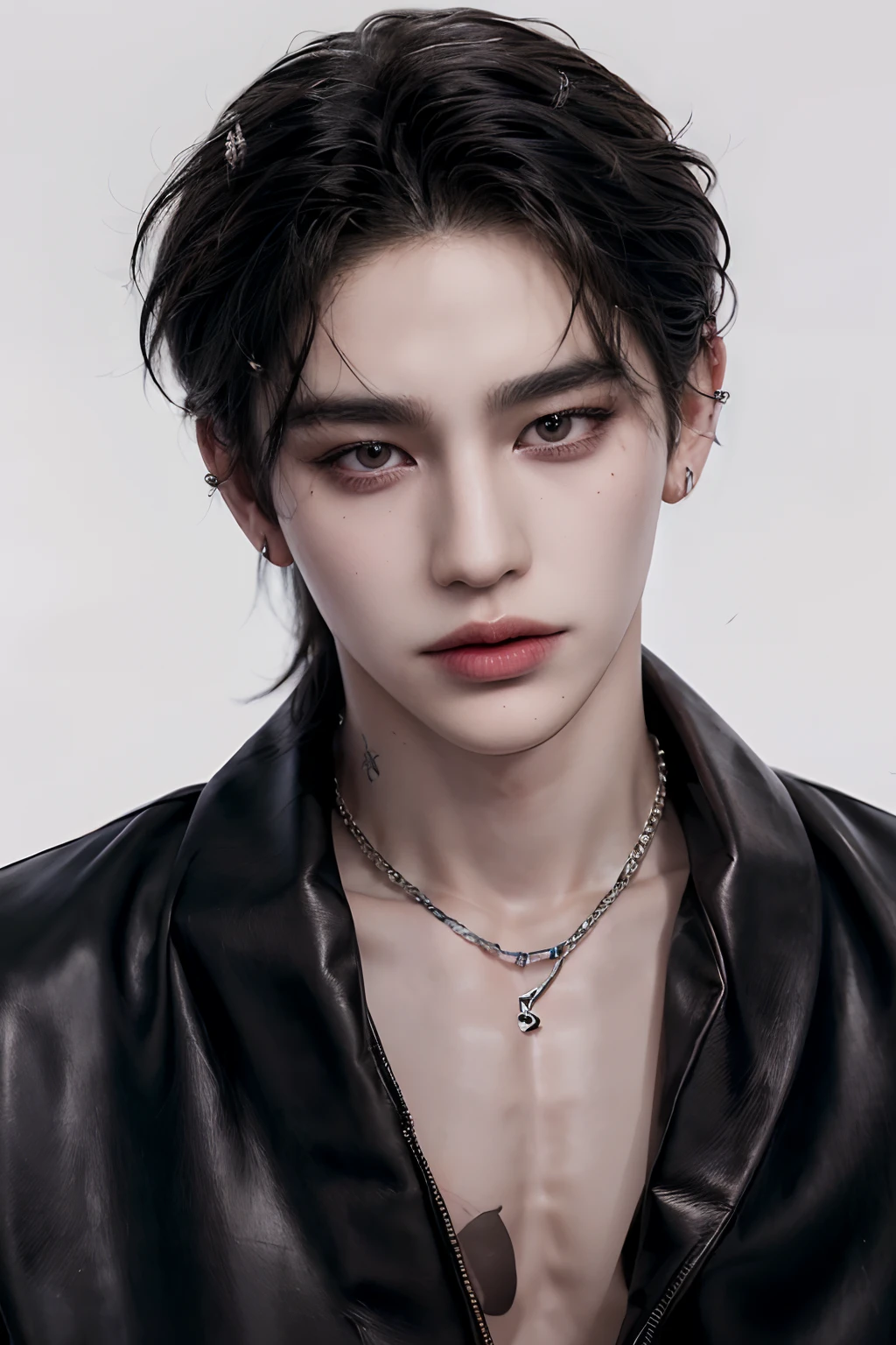 ((Couple)),((ulzzang)),official art, unity 8k wallpaper, ultra detailed, aesthetic, masterpiece, best quality, photorealistic,((fantasy)),((white studio background)),((man&girl)),((sensual eyes)),((detailed eyes)),((detailed face)),((detailed body)),((badboy face)),((badboy)),((handsome)),((model)),((juicy lips)),((crop top)),((skinny leather jeans)),((bald hairstyle)),((perfect v shape head)),((free posing)),((stand pose)),((sexy expression)),((piercing body)),((necklace)),((long earrings)),((details tattoo on neck)),((50mm lens)),((center)),((big closeup)),((closeup angle)),((looking to viewers))