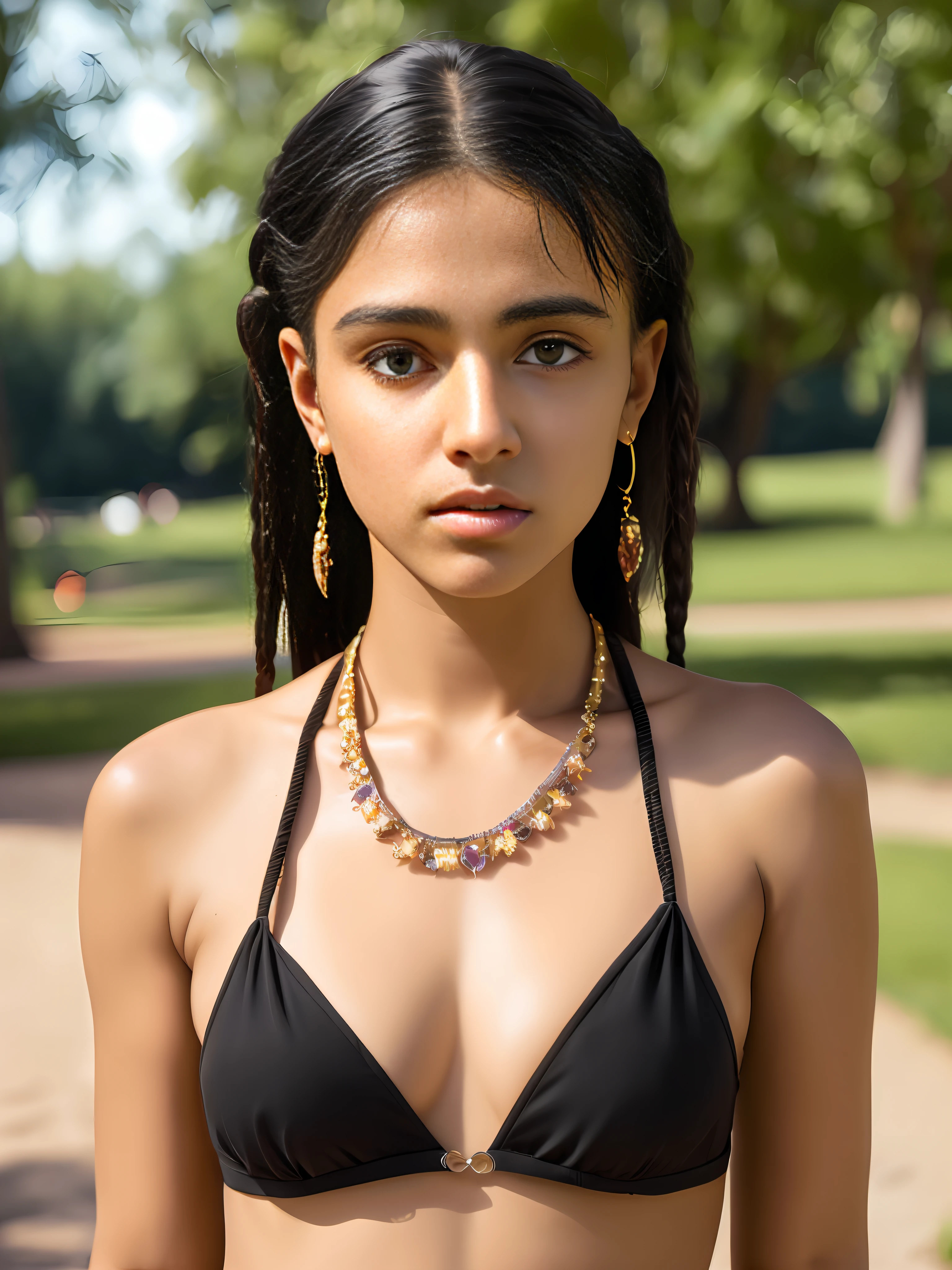 Portrait of an 18 year old cute it teen, beautiful Indian girl, wearing jewelry, fair skin, cute face, wearing small Little bikini , chest, sexy, small nose, black braided hair, perface cute face, ,at the park, ultra realistic, photorealistic,8K ,