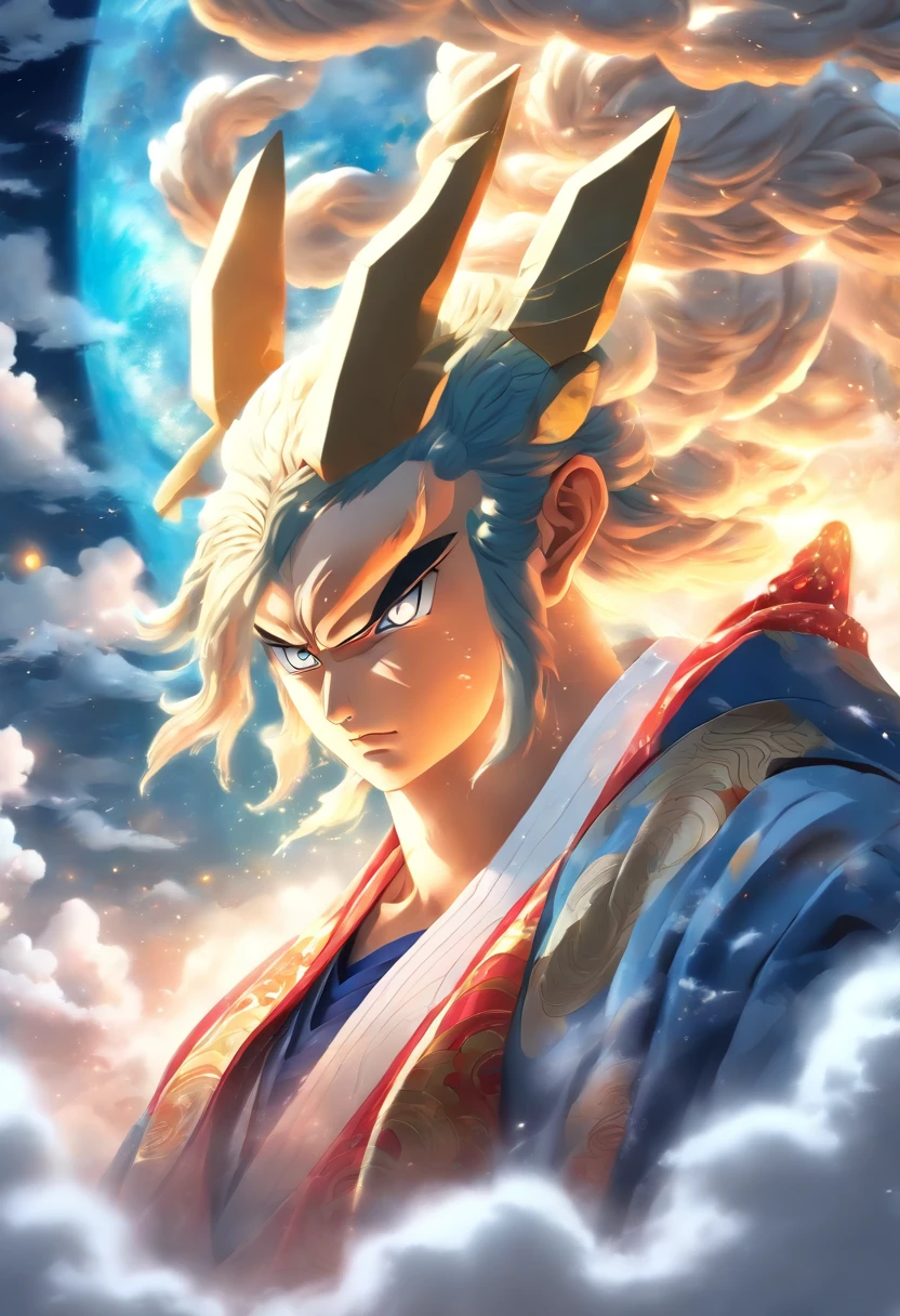 (((Japanese God))) best quality, ultra-high resolution, 4K detailed CG, masterpiece, TSUKUYOMI, Man, white clothes, blue clothes, clouds,Moon in the background, Japanese mythology, Japan, ((Next to camera)),Shui Mo Hua, Chinese painting style, Thangka Style, aesthetics, beautiful image, depth of field, centered on the canvas,