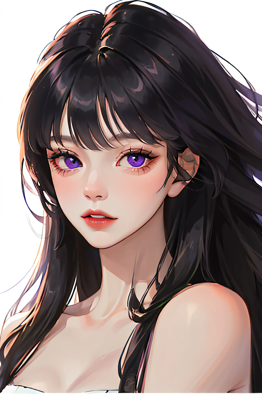 Blunt bangs, dark blue hair, super beautiful face, shining eyes, korean make up, 1 girl, purple eyes, gorgeous hair, close up, portrait, painting, pretty