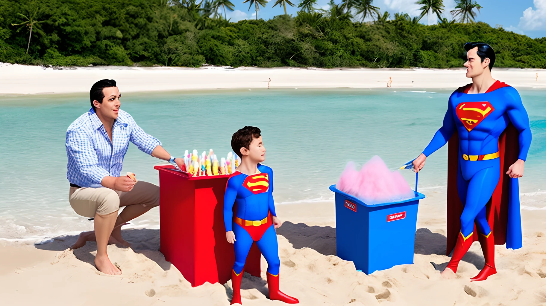 Superman selling cotton candy on the beach