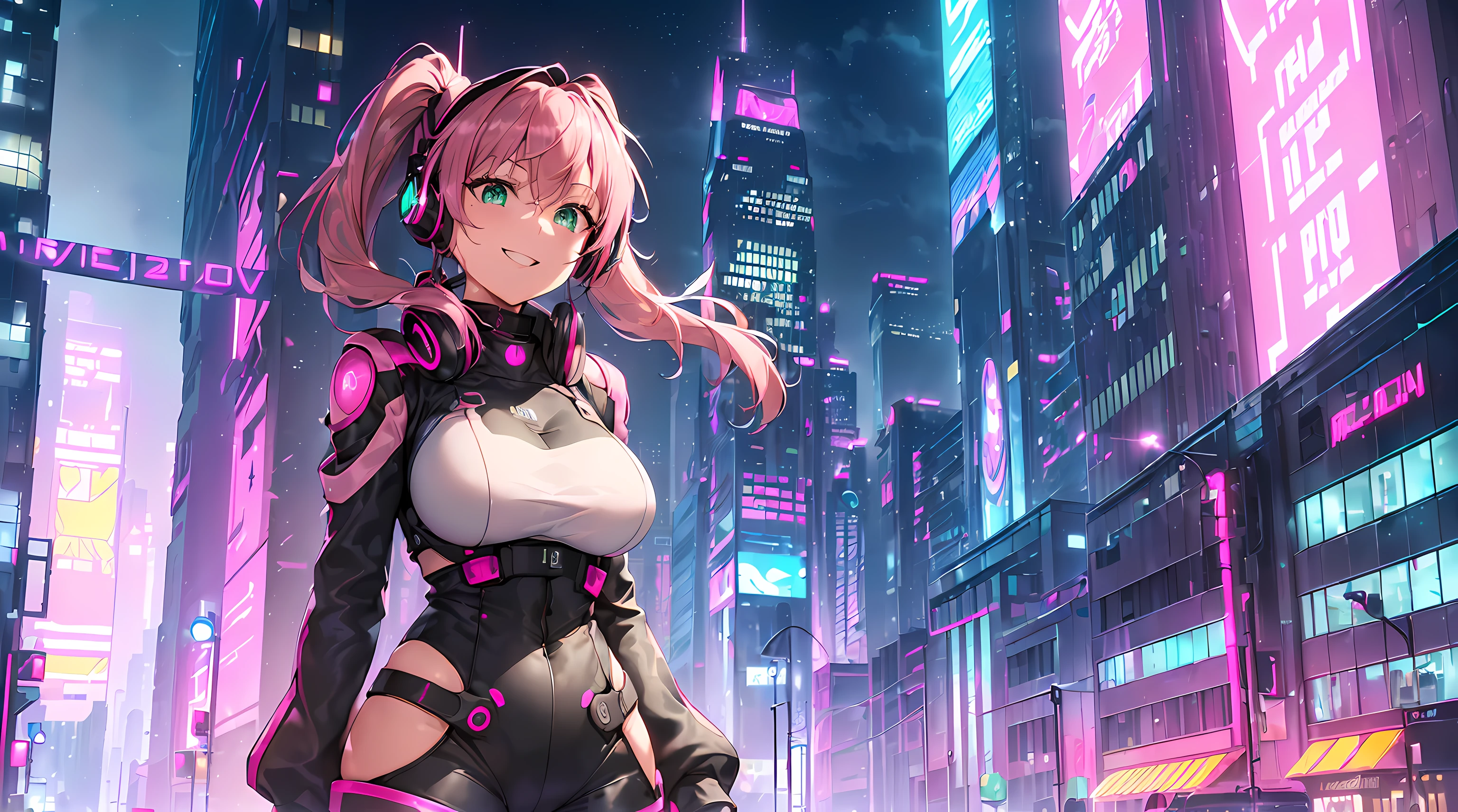 ​masterpiece, 1girl ((20year old, futuristic bodysuit, knee-high boots, medium breasts, multi-color pink hair, twin ponytails, green eyes, flirting, happy, big smile, headphones, standing in the street of a SCI-FI futuristic and modern street, towering skyscrapers, futuristic and energetic atmosphere)) ((nighttime)), high camera angle