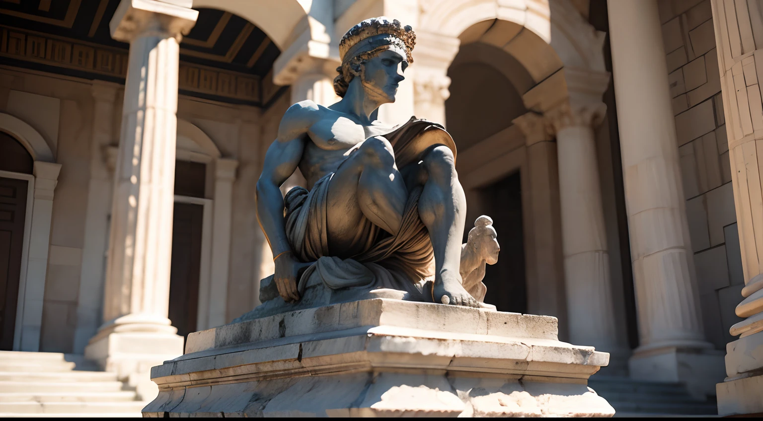 Ancient Greek statue with angry expression, outside, com rosto extremamente detalhado full body view, Colors with low saturation with dark tone, Filmado em Sony A7S III com Sony FE 35mm f/1.8, 12.1 MP, --AR 3:2 --estilo cru