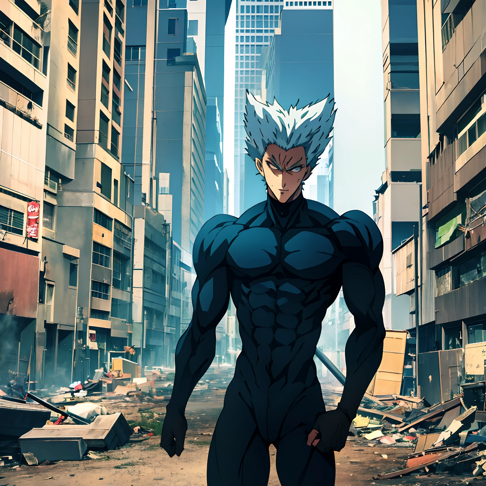 garou, anime, one punch, 1boy, black outfit, upper body, male focus, solo, aura, portrait, serious, standing in a destroyed City