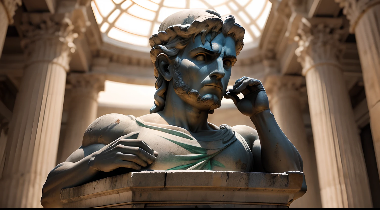 Ancient Greek statue with angry expression, outside, com rosto extremamente detalhado full body view, Colors with low saturation with dark tone, Filmado em Sony A7S III com Sony FE 35mm f/1.8, 12.1 MP, --AR 3:2 --estilo cru