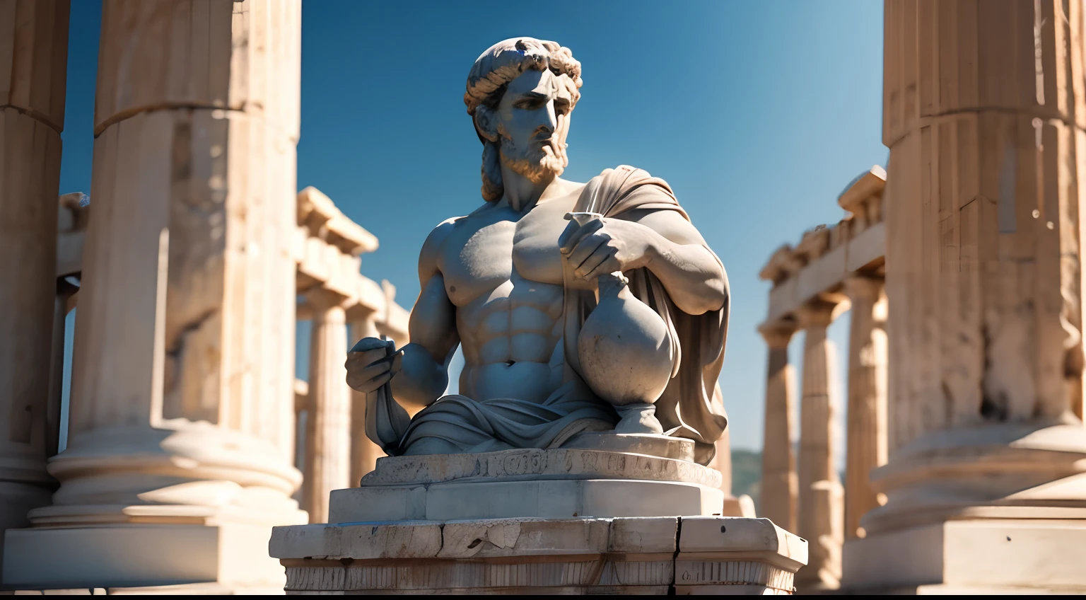 Ancient Greek statue with angry expression, outside, com rosto extremamente detalhado full body view, Colors with low saturation with dark tone, Filmado em Sony A7S III com Sony FE 35mm f/1.8, 12.1 MP, --AR 3:2 --estilo cru