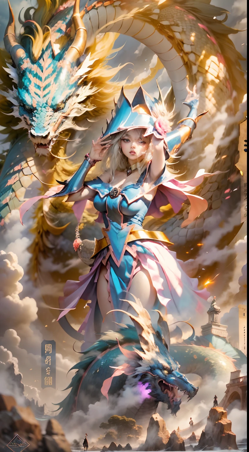 The Chinese White Divine Dragon rose into the air,(Dark Magician Girl manipulates the dragon:1.3),(Dark Magician Girl Stands Up:1.3),Las nubes del cielo rodean los alrededores,magia de luz,fantastic background,Significado de fondo,Ridiculous background,There are artistic overlays,cabello rubio, surrealismo, cinematic lighting, Trazado de rayos, Luz de Dios, Speed Line, view angle, hiper HD, obra maestra, La mejor calidad, Super detail, A high resolution, alta calidad,(vista lejana:1.3)