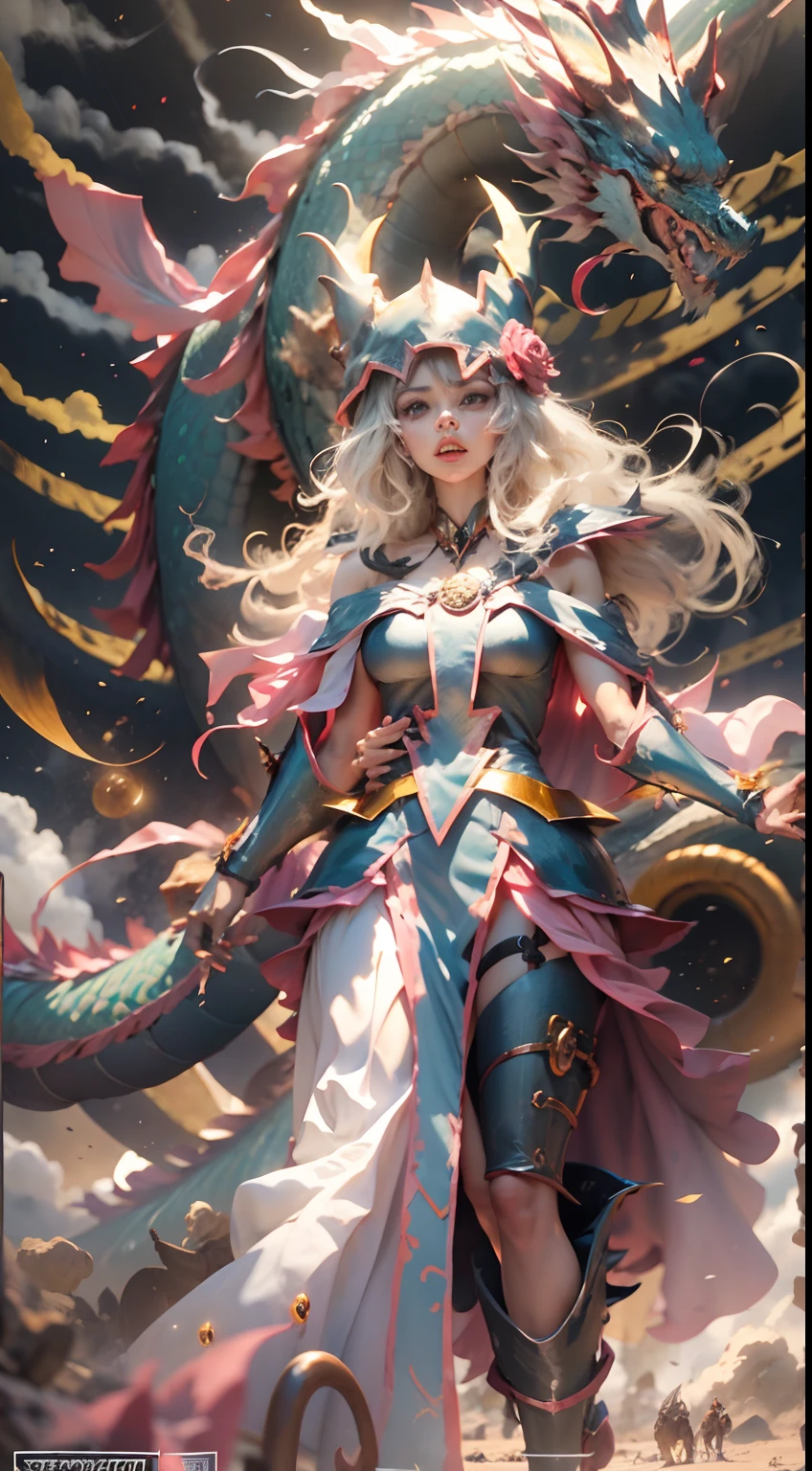 The Chinese White Divine Dragon rose into the air,(Dark Magician Girl manipulates the dragon:1.3),(Dark Magician Girl Stands Up:1.3),Las nubes del cielo rodean los alrededores,magia de luz,fantastic background,Significado de fondo,Ridiculous background,There are artistic overlays,cabello rubio, surrealismo, cinematic lighting, Trazado de rayos, Luz de Dios, Speed Line, view angle, hiper HD, obra maestra, La mejor calidad, Super detail, A high resolution, alta calidad,(vista lejana:1.3)