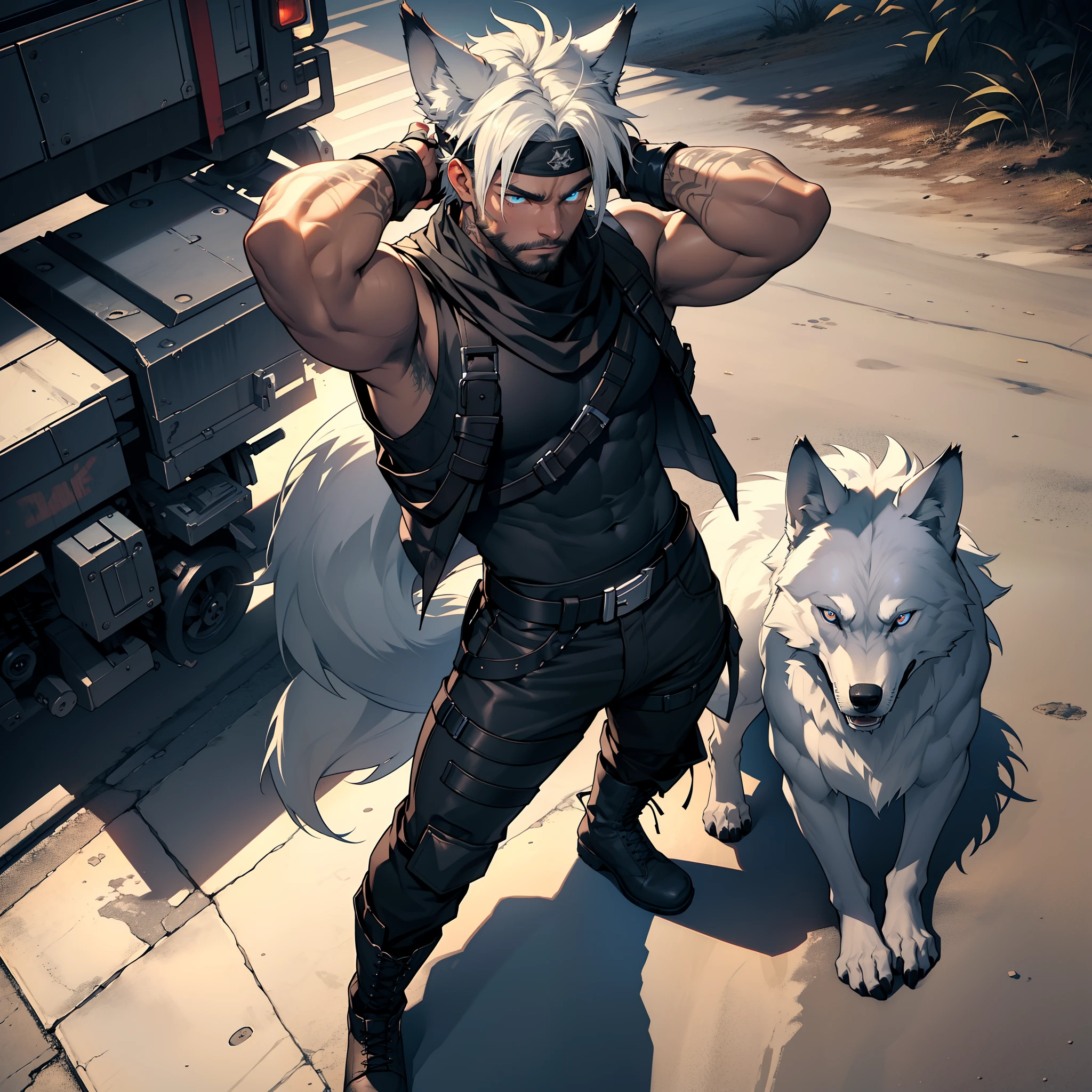 very muscular male with short beard, flexing, viewed from below, shirtless, dominant, full body shot, dripping, very large bulge, has long flowing white hair, ((has wolf ears, has wolf tail)), shirtless, pulling down his tight rubber pants and showing his obliques, solo, alone, has glowing blue eyes, covered in tribal tattoos, wearing bandana and leather wrist bands, wearing fingerless gloves, wearing a leather harness