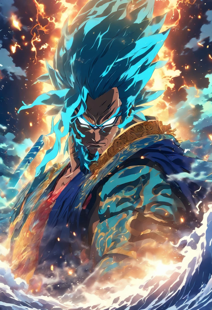 (((Japanese God))) best quality, ultra-high resolution, 4K detailed CG, masterpiece, SUSANOO, Man, shirtless, blue pants, sword, katana, lightning, waves, Japanese mythology, Japan, (( Close to camera)),Shui Mo Hua, Chinese painting style, Thangka Style, aesthetics, beautiful image, depth of field, centered on the canvas,