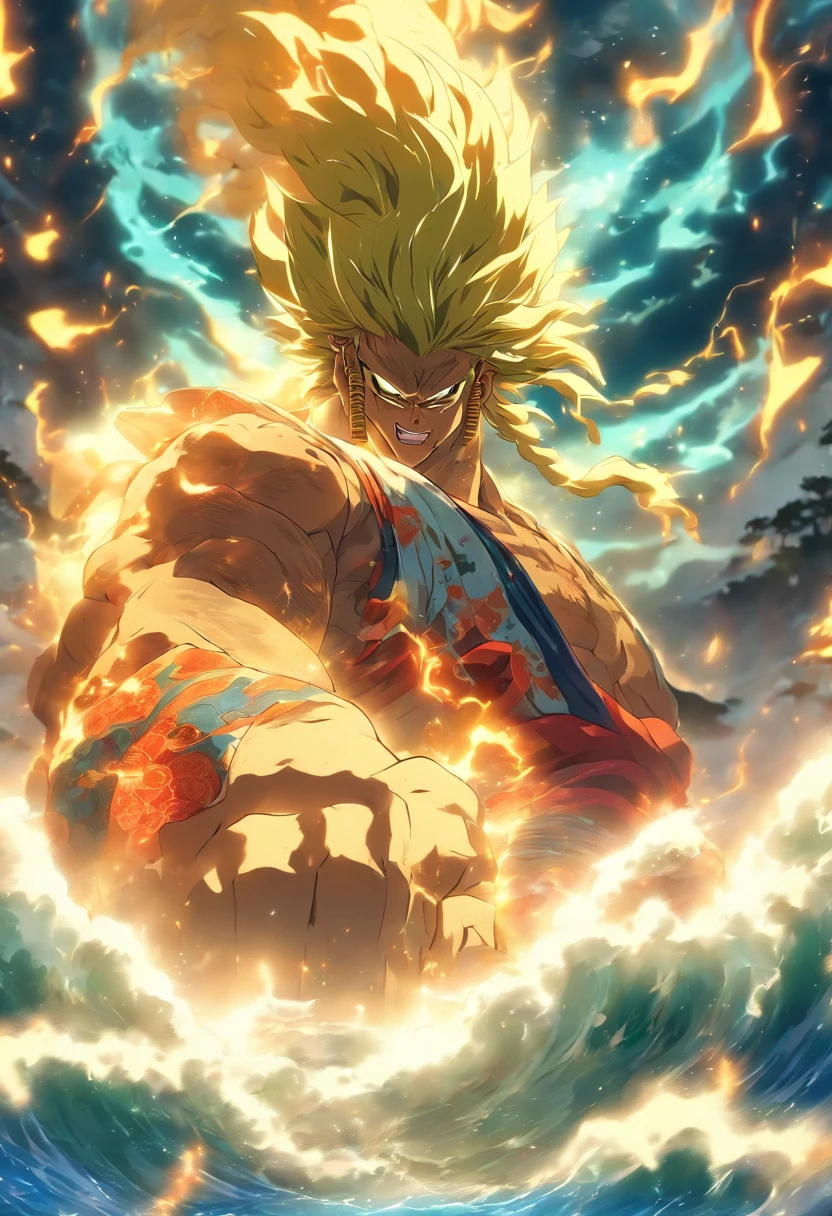 (((Japanese God))) best quality, ultra-high resolution, 4K detailed CG, masterpiece, SUSANOO, Man, shirtless, blue pants, sword, katana, lightning, waves, Japanese mythology, Japan, (( Close to camera)),Shui Mo Hua, Chinese painting style, Thangka Style, aesthetics, beautiful image, depth of field, centered on the canvas,