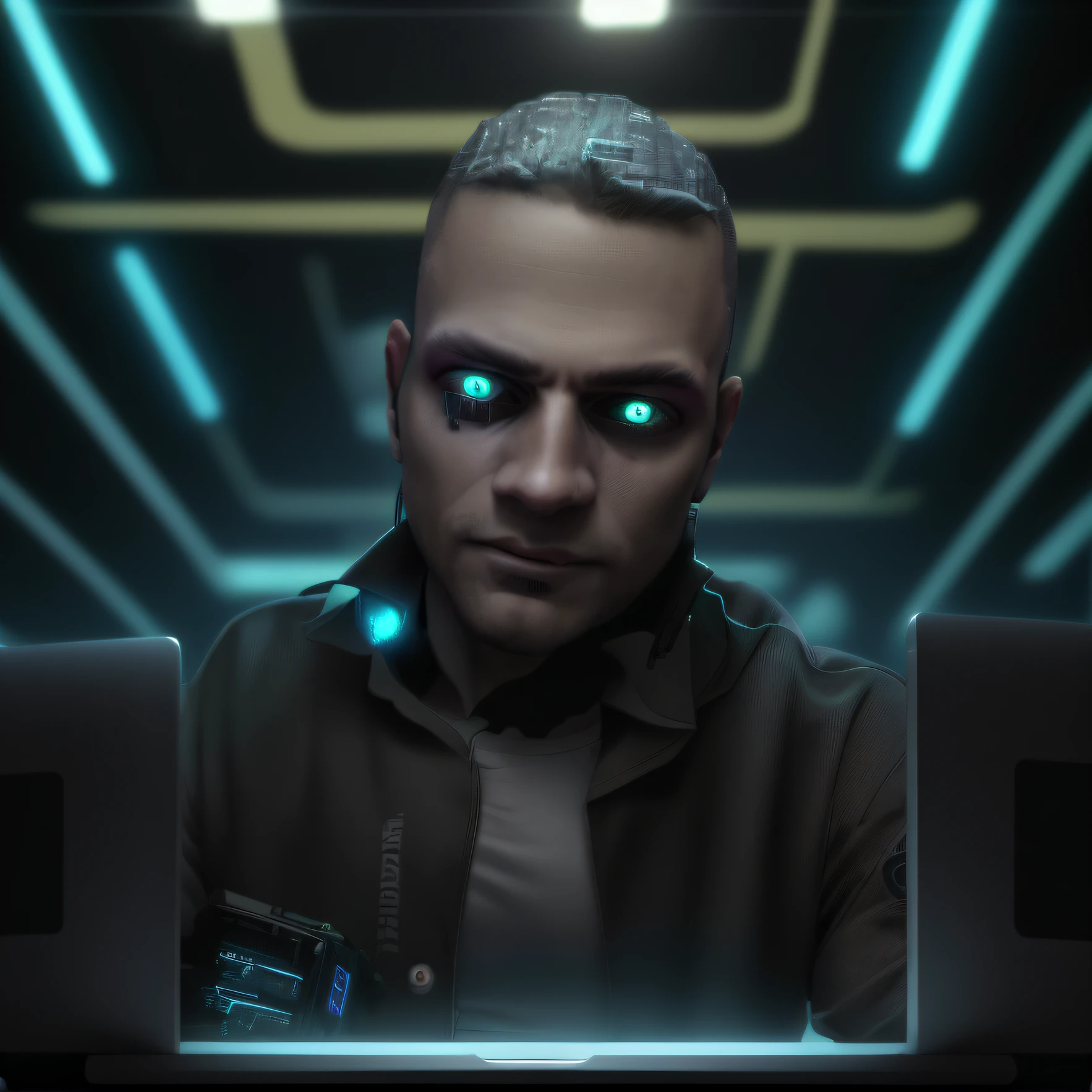 um homem em uma sala cyberpunk trabalhando em Laptop