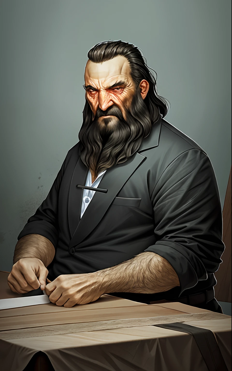 Studio portrait of a bearded middle-aged man on a table, cabelo castanho, terno azul, brinco, with various scars on his body