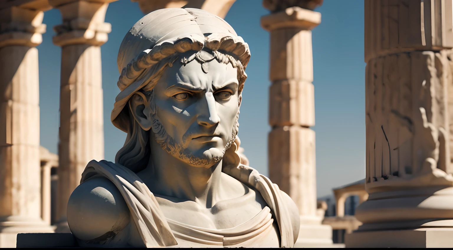 Ancient Greek statue with angry expression, outside, com rosto extremamente detalhado full body view, Colors with low saturation with dark tone, Filmado em Sony A7S III com Sony FE 35mm f/1.8, 12.1 MP, --AR 3:2 --estilo cru