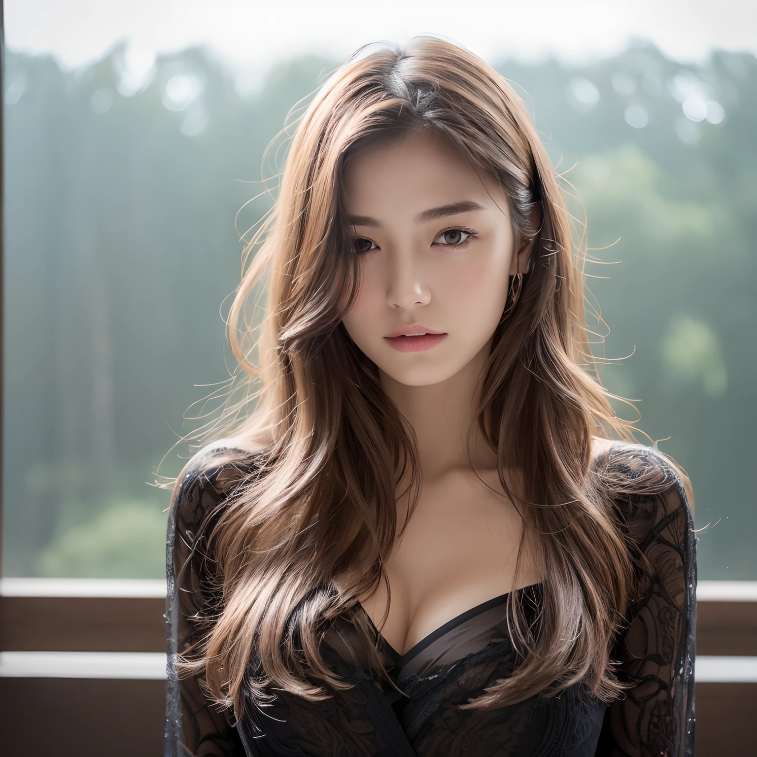 ((Top Quality, 8k, Masterpiece: 1.3)), Beauty, Hide Face, 1 Girl, Beautiful: 1.3, Slender Abs: 1.1, Camisole, Cleavage, dark wavy Hair Long, Ultra Detailed Face, Highly Detailed Lips, Detailed Eyes,