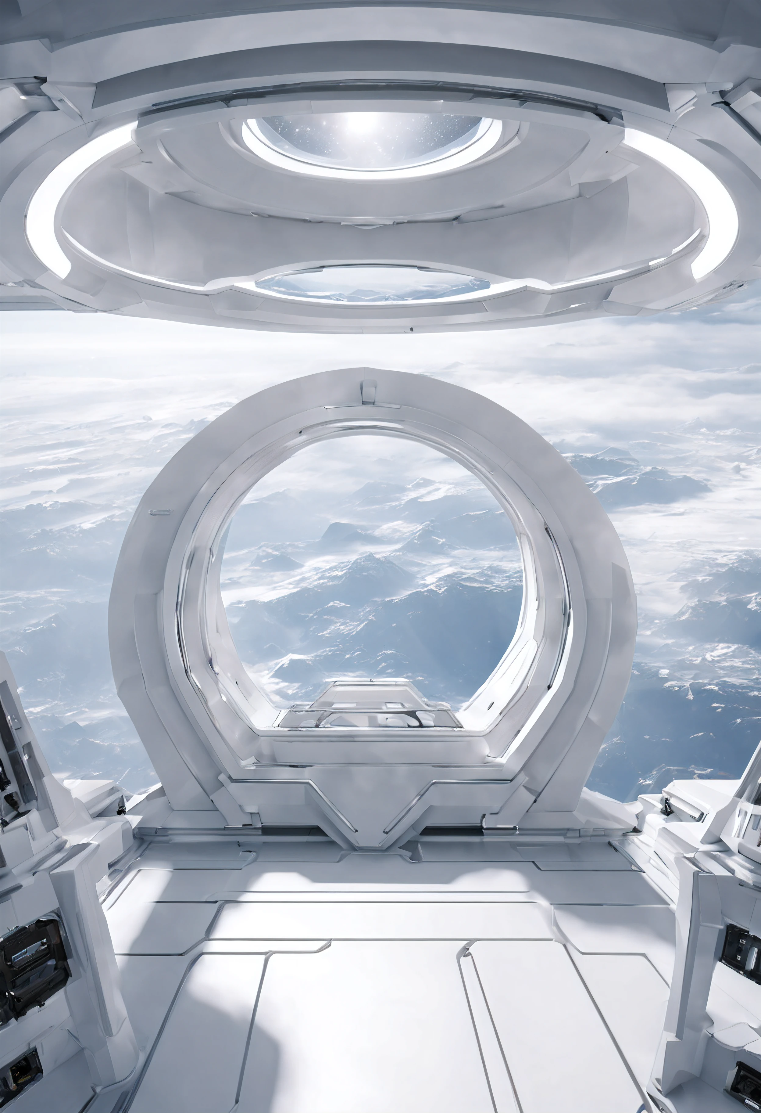 (((view from space: 1.5))) sci-fi spaceship in the style of EVE-online, cubically angular shapes, rounded structural elements, rectangular portholes, illuminated from the inside, volumetric light, even lighting, sci-fi design, white color,sky-fi design,  view from space