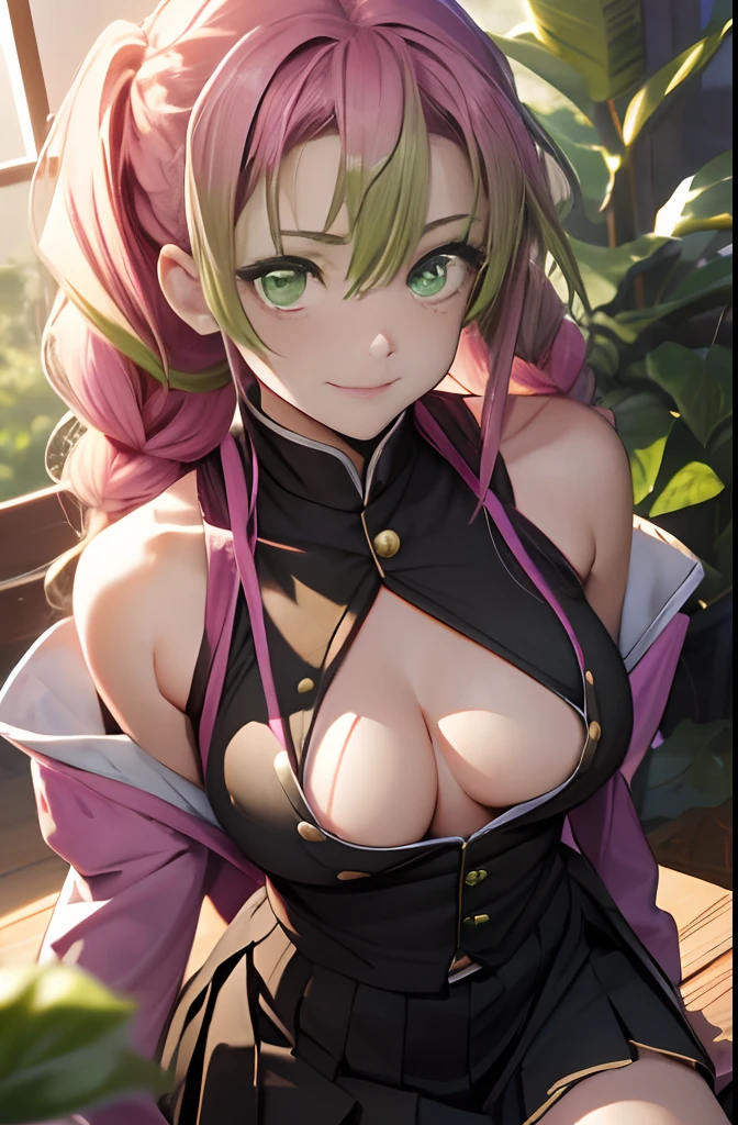 Mitsurikan Log, mitsuri kanroji, braid, Gradient Hair, (Green eyes:1.5), Green hair, Long hair, Mole, Mole under the eyes, multicolored hair, Pink hair, Twin braids, Two-tone hair, Brake belt, Black skirt, cleavage, coat, demon slayer uniform, haori, Komono, Long sleeves, Miniskirt, partially unbuttoned, Pleated skirt, Skirt, uniform, BREAK looking at viewer, Break indoors, BREAK (masutepiece:1.2), Best Quality, High resolution, Unity 8k壁纸, (Illustration:0.8), (Beautiful detailed eyes:1.6), extra detailed face, Perfect Lighting, extremely details CG, (Perfect hands, Perfect Anatomy),colourful hair, The whole body is reflected, (Off-the-shoulder costumes:1.5), ((chest wide open and exposed)), (Smile), Sitting on a chair,　legs crossed,　Hands behind the head, Showing the side