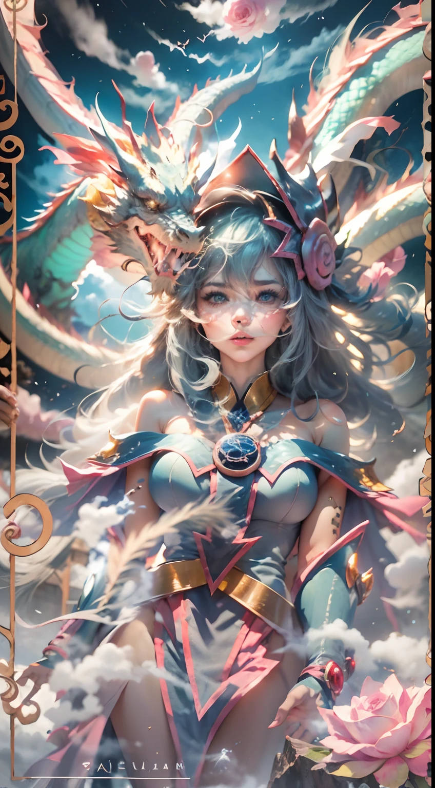 The Chinese White Divine Dragon rose into the air,(Dark Magician Girl manipulates the dragon:1.3),(Dark Magician Girl Stands Up:1.3),Las nubes del cielo rodean los alrededores,magia de luz,fantastic background,Significado de fondo,Ridiculous background,There are artistic overlays,cabello rubio, surrealismo, cinematic lighting, Trazado de rayos, Luz de Dios, Speed Line, view angle, hiper HD, obra maestra, La mejor calidad, Super detail, A high resolution, alta calidad,(vista lejana:1.3)