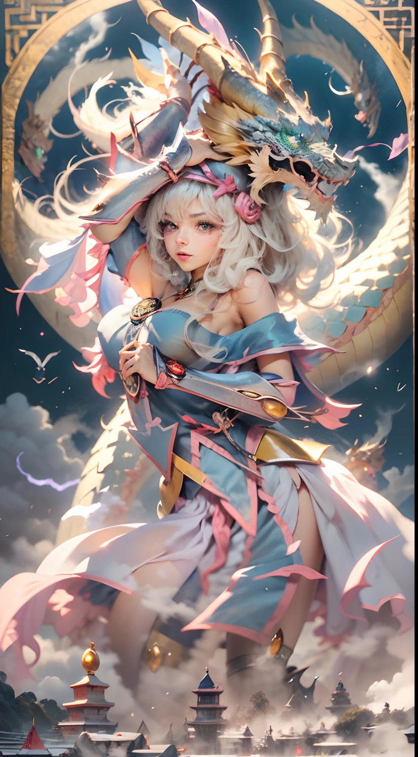 The Chinese White Divine Dragon rose into the air,(Dark Magician Girl manipulates the dragon:1.3),(Dark Magician Girl Stands Up:1.3),Las nubes del cielo rodean los alrededores,magia de luz,fantastic background,Significado de fondo,Ridiculous background,There are artistic overlays,cabello rubio, surrealismo, cinematic lighting, Trazado de rayos, Luz de Dios, Speed Line, view angle, hiper HD, obra maestra, La mejor calidad, Super detail, A high resolution, alta calidad,(vista lejana:1.3)