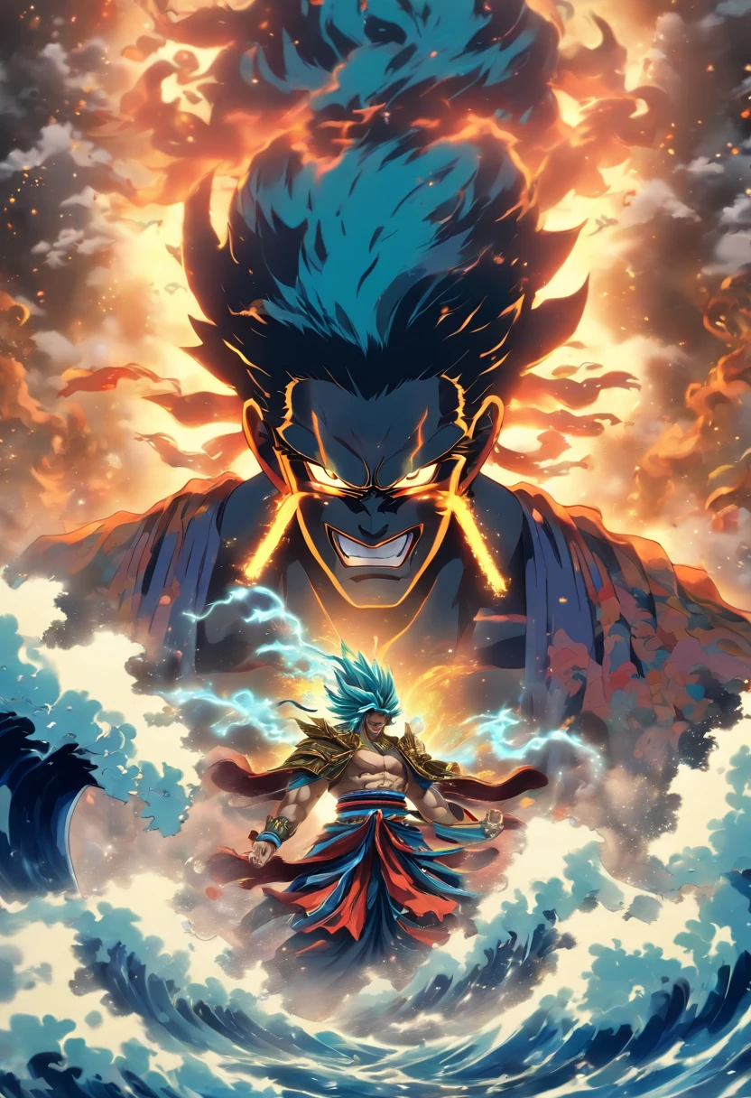 (((Japanese God))) best quality, ultra-high resolution, 4K detailed CG, masterpiece, SUSANOO, Man, shirtless, blue pants, sword, katana, thunder, waves, Japanese mythology, Japan, ((Close to camera)),Shui Mo Hua, Chinese painting style, Thangka Style, aesthetics, beautiful image, depth of field, centered on the canvas,