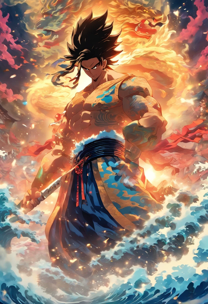 (((Japanese God))) best quality, ultra-high resolution, 4K detailed CG, masterpiece, SUSANOO, Man, shirtless, blue pants, sword, katana, thunder, waves, Japanese mythology, Japan, ((Close to camera)),Shui Mo Hua, Chinese painting style, Thangka Style, aesthetics, beautiful image, depth of field, centered on the canvas,