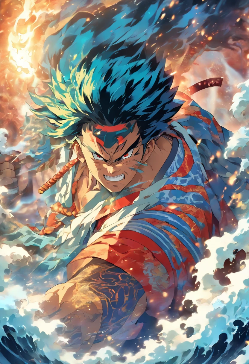 (((Japanese God))) best quality, ultra-high resolution, 4K detailed CG, masterpiece, SUSANOO, Man, shirtless, blue pants, sword, katana, thunder, waves, Japanese mythology, Japan, ((Close to camera)),Shui Mo Hua, Chinese painting style, Thangka Style, aesthetics, beautiful image, depth of field, centered on the canvas,