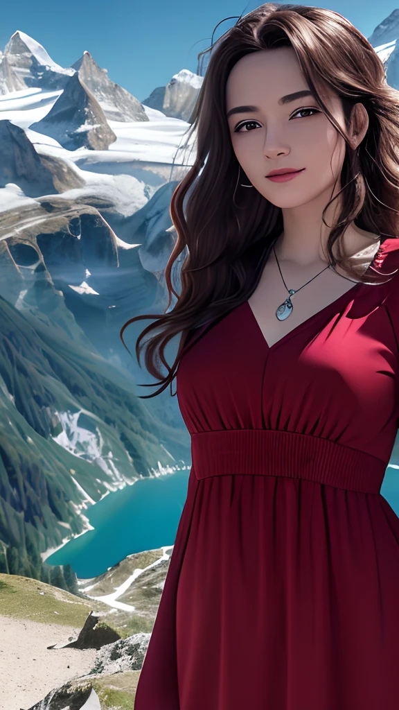 masterpiece,ultra realistic,32k,extremely detailed CG unity 8k wallpaper, best quality,
The Swiss Alps, Switzerland, ( Dark red A-line dress ) ,((spring day )), Beachy waves with a side part ,eardrop,lady ,necklace,