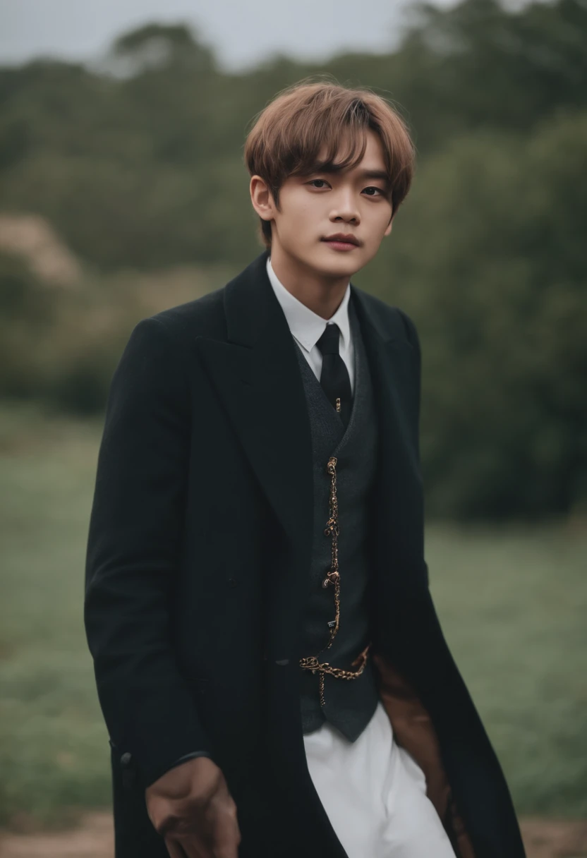 Taehyung do bts usando uma saia cor preta tirando uma foto no espelho, sorrir e dando thau
