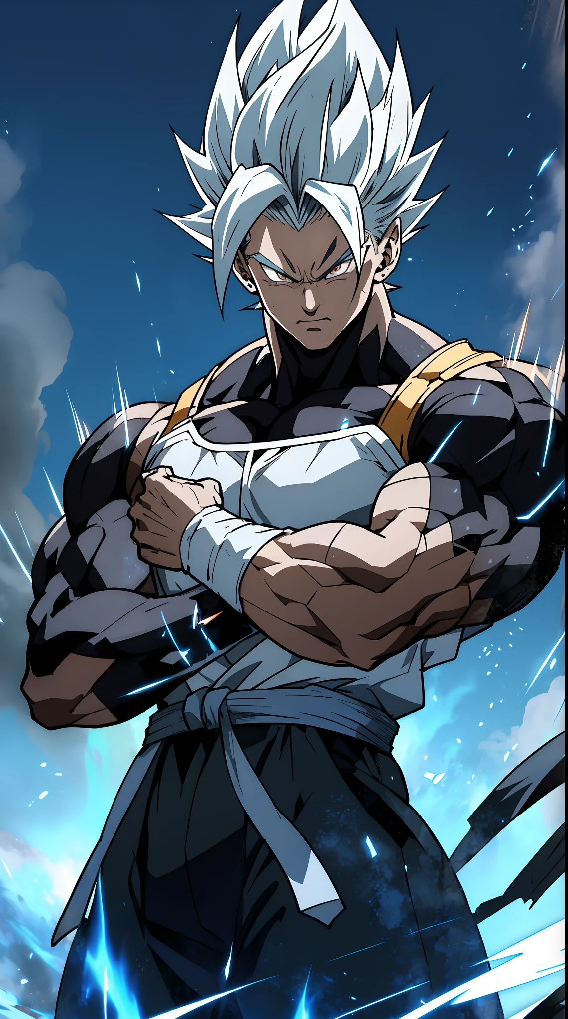 prince vegita, 1boy, closed mouth, male focus, muscular, muscular male, rock, sash, serious, solo, spiked hair, topless male, torn clothes, ultra instinct, black eyes, silver hair, ((masterpiece)), high res, ultra sharp, 8k, (Best quality), (Extremely detailed), 8k, attention to detail, highly detailed, detailed face, highly detailed eyes, Depth of field, sketch, dark intensive shadows, Sharp focus quality, hdr, Colorful, Good composition, There were fires all around, detailed fire, spectacular, Anime screenshots, Scars under the eyes, getting ready to fight, Dark eyes，deep of field，Sea backgroun，ship，sunrays，Red clothes, dark blue spiky hair,quadratic element，style of shonen anime，mtu（Male Warrior，The proportions are correct，Face detail，iconic vegita hairstyle，Neck details，clothes details，getting ready to fight，Game quality，Light and shadow tracking，Ray traching，detailed glow，cg render，hair detail，Handsome，（juvenile sense），Clothing is complicated，Perfect composition，Refinement，high qulity，higher details，Lots of details，The background is complex，a sense of atmosphere，