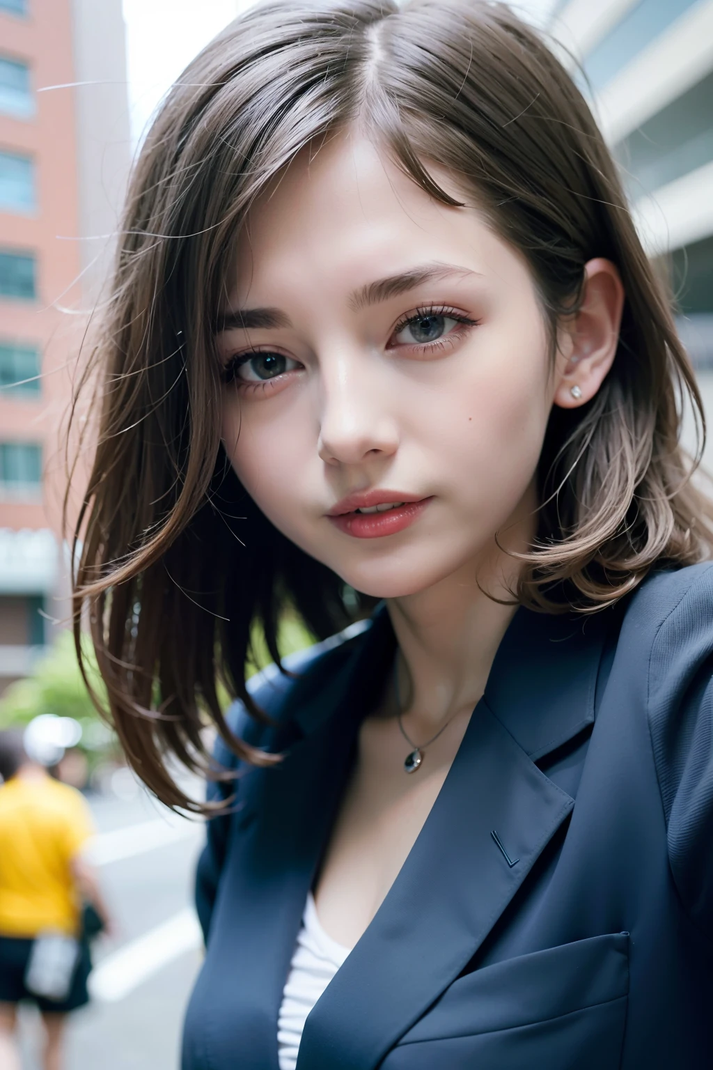 girl with、length hair、Fluttering、Blue hair、with a business suit on、Close up photo of a girl standing on the street
Highest Quality、realisitic、Photorealsitic、(intricate detailes:1.2)、(delicate detail)、(ciinematic light、best quality backlight)、Clear Line、foco nítido、lifelike face、Detailed face
Unity 8K Wallpapers、超A high resolution、(Photorealsitic:1.4)、looking at the viewers、