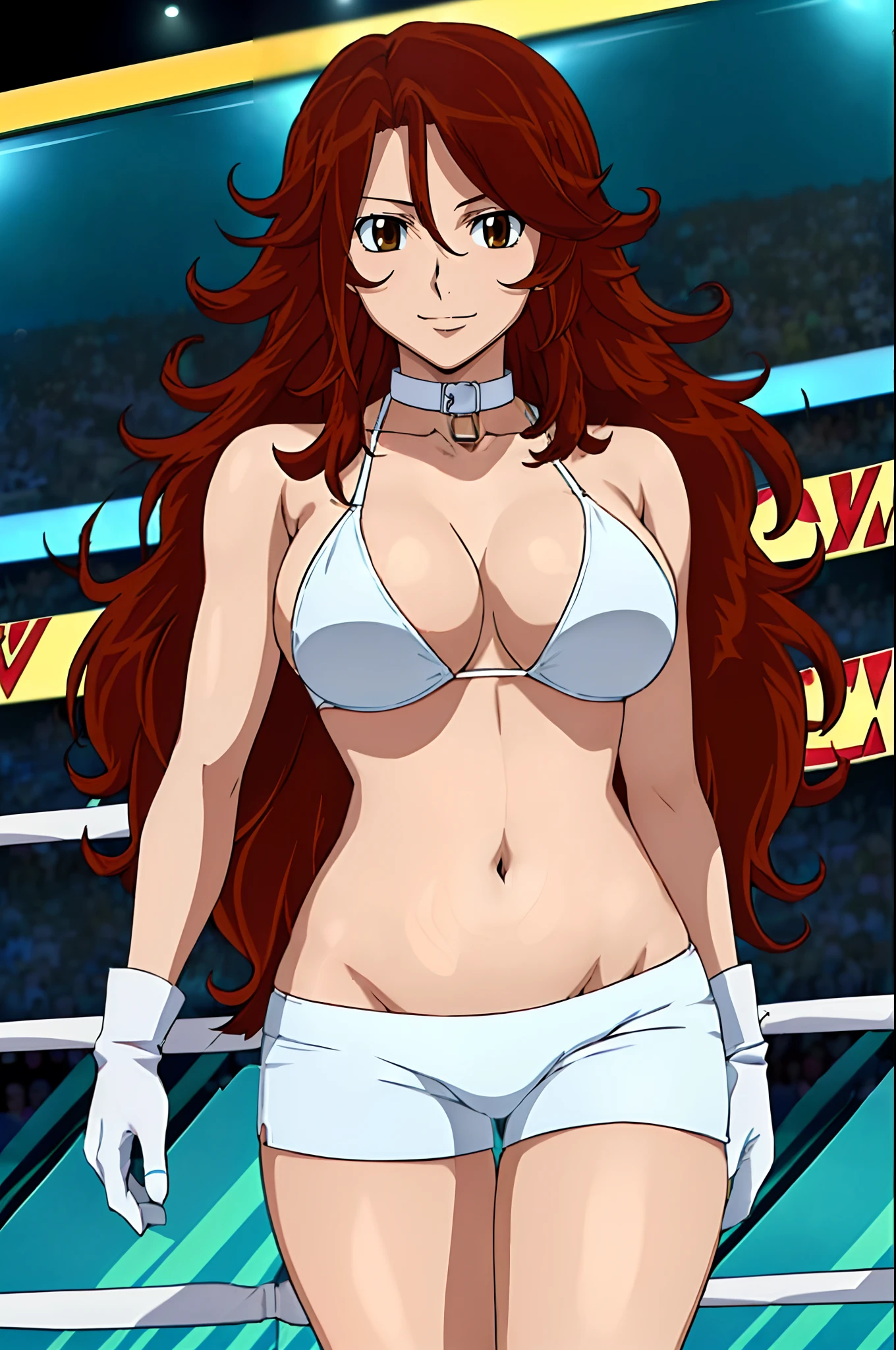 (wwe Maria), body view, anime style: 1.8, anime drawing, ultra detailed face, ultra detailed body, 4k, Sumergai Lee Noriega, (standing), best quality, anime style, hires, highest definition, digital blending, bold drawing lines, ((wwe diva), (location: wrestling arena, crowds watching), ( slim body, little biceps, thighs, off-shoulders, (curvy: 2.8)), ((white bikini, shorts, groin, , white gloves, collar, elbow pad)), victorious, winner, gentle, (big breasts, smile), (big eyes, brown eyes), (clapping), (brown hair, loose hair, curly hair, wavy hair, long hair, missy hair), 27 years old,