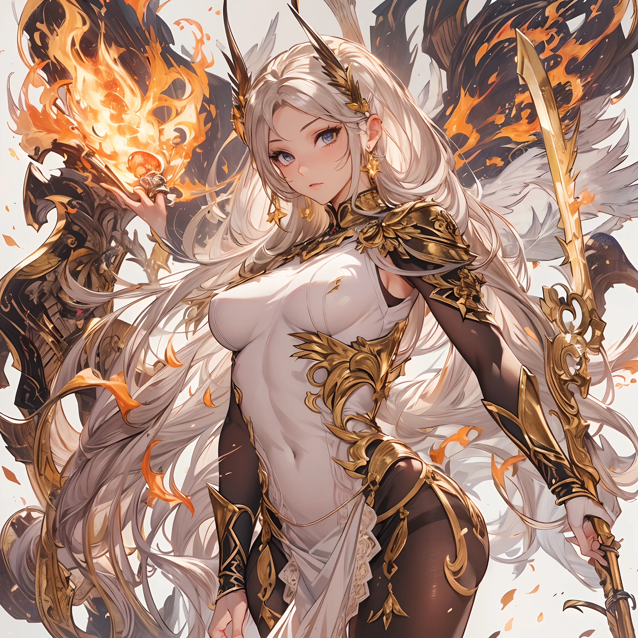 ((Masterpiece, Highest quality)), Detailed face, CharacterDesignSheet, full bodyesbian, Full of details, Multiple poses and expressions, Highly detailed, Depth, Many parts,Valkyrie,golden and white,holds a spear,double-ponytail,estilo fantasia,Surrounded by flames,Extremely beautiful,High Balance, Natural light, Lace,lacepantyhose