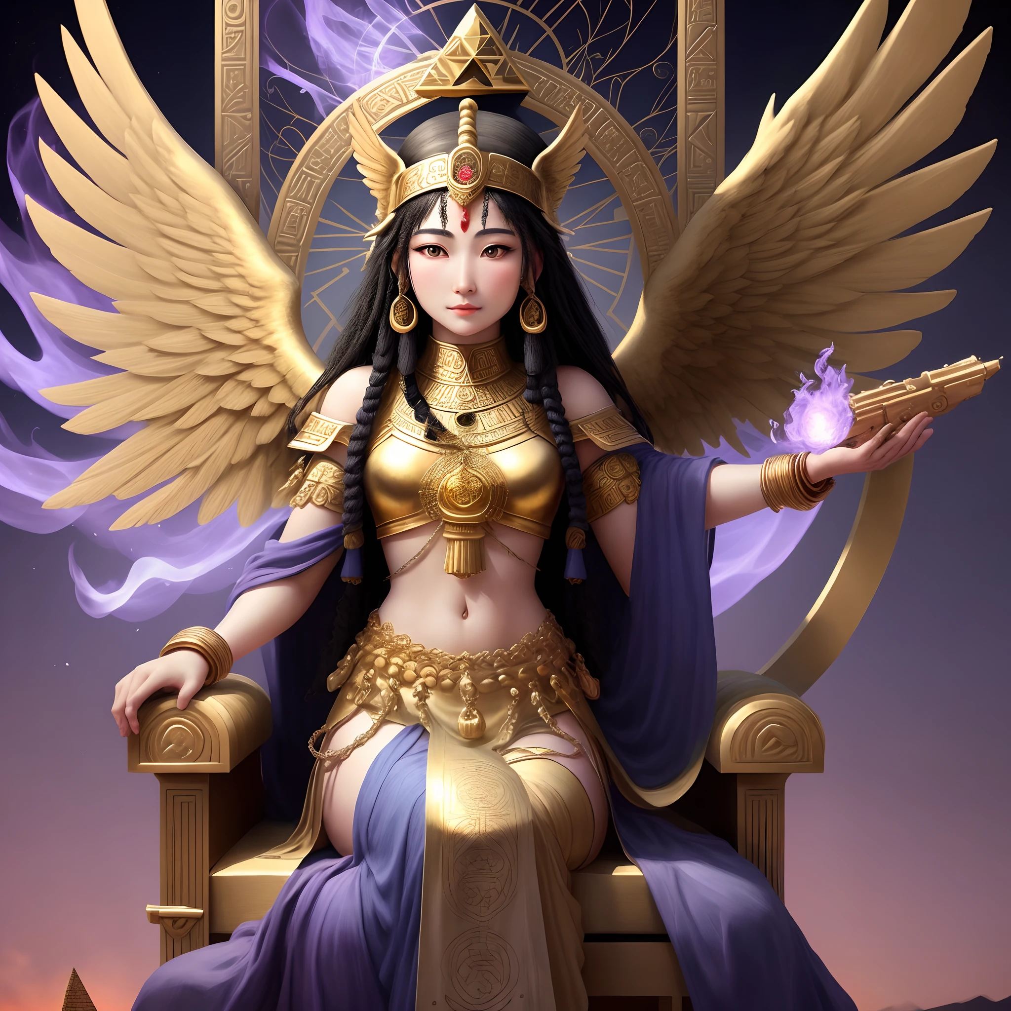 Isis, a beautiful innocent goddess with spreading wings.The world of sacred geometry floating in the Golden Temple、Kabbalah Tree、a throne