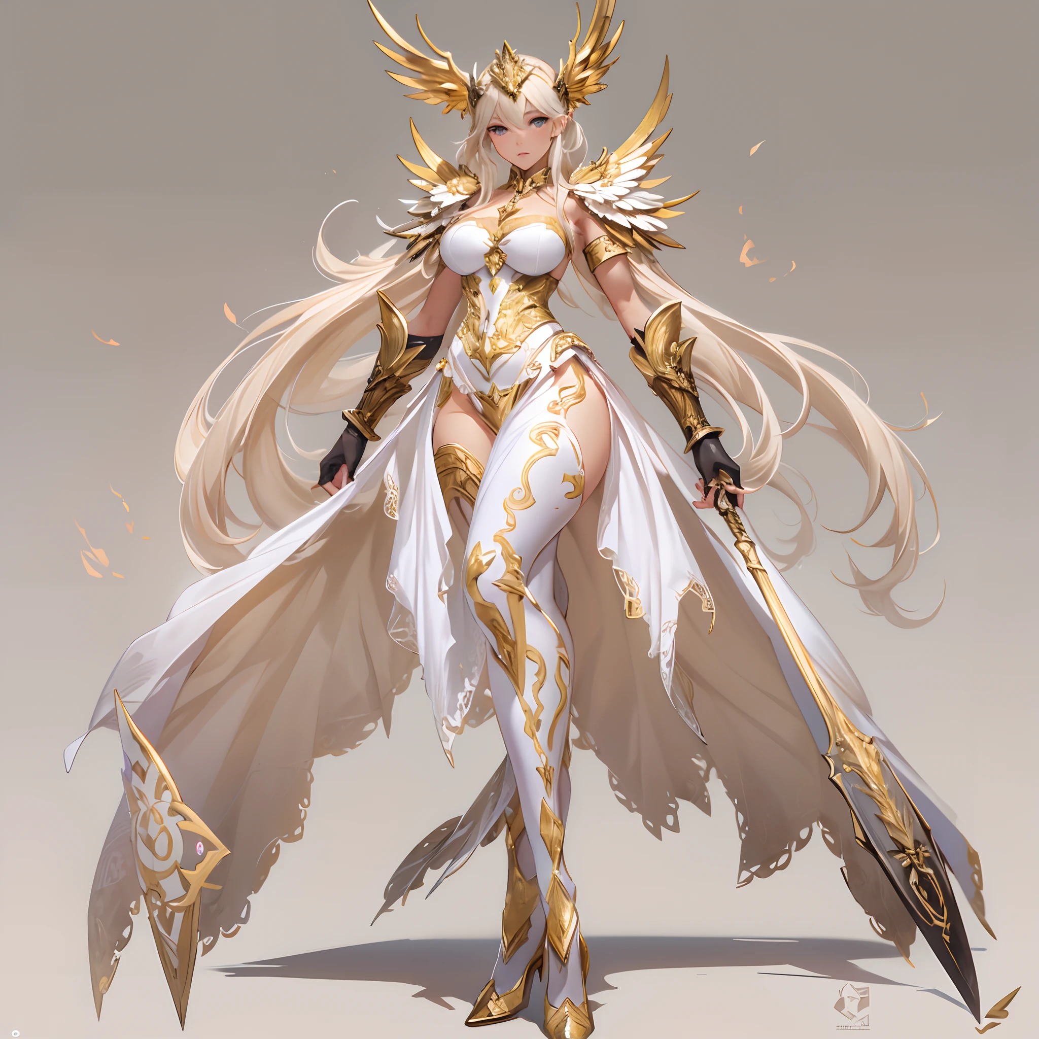 ((Masterpiece, Highest quality)), Detailed face, CharacterDesignSheet, full bodyesbian, Full of details, Multiple poses and expressions, Highly detailed, Depth, Many parts,Valkyrie,golden and white,holds a spear,double-ponytail,estilo fantasia,Surrounded by flames,Extremely beautiful,High Balance, Natural light, Lace,lacepantyhose