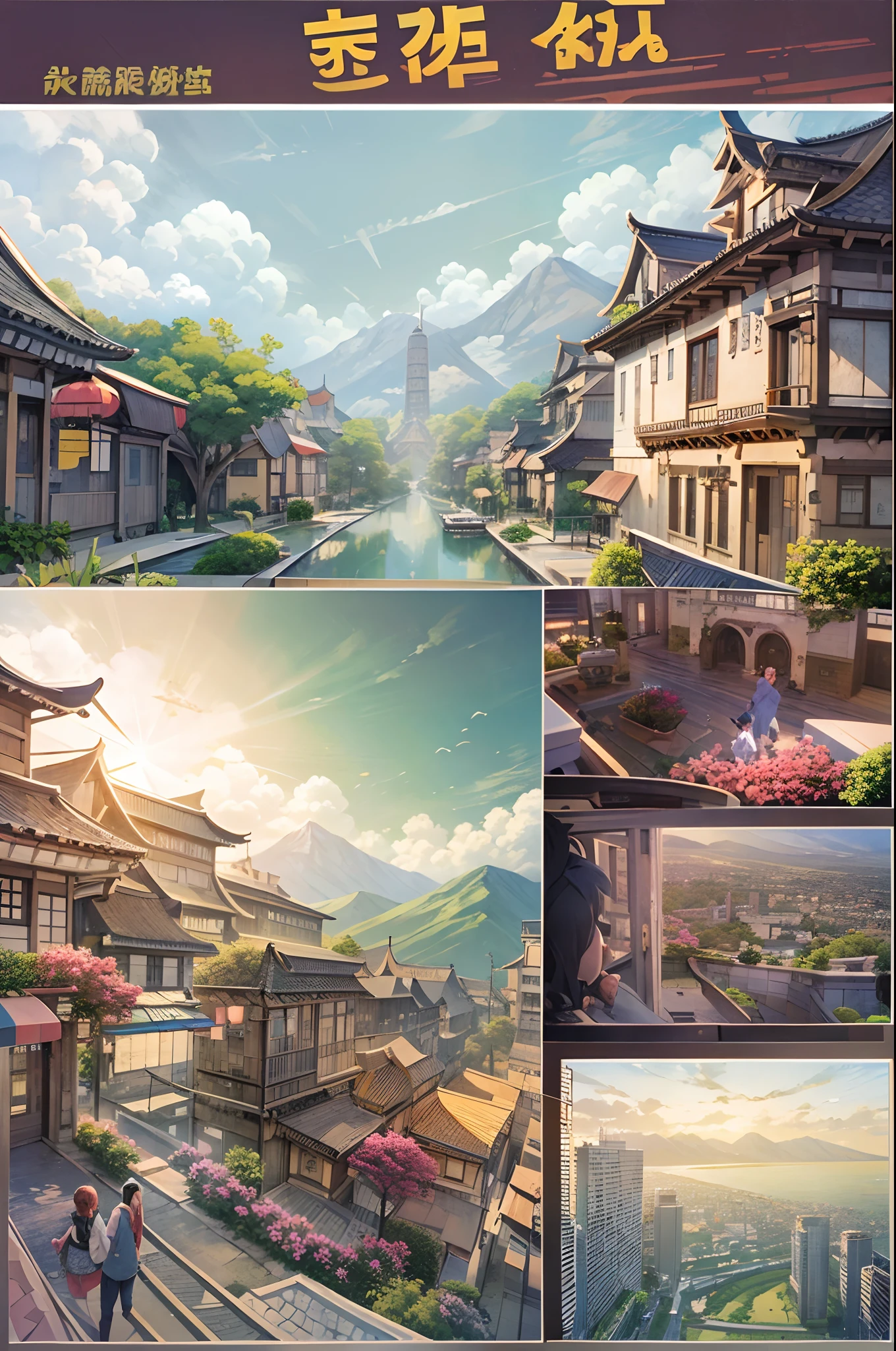 （（（Comic storyboard））），comic strip，Two-dimensional picture，Manhwa Style，Ultra-wide angle of view，China-style，a town with beautiful scenery，Faraway view，Vivid and bright colors，super-fine，ultra - detailed，high qulity，8K ，oc rendered，dynamic viewing angle，Hyper-realistic，Hyper Real，Ultra photo realsisim