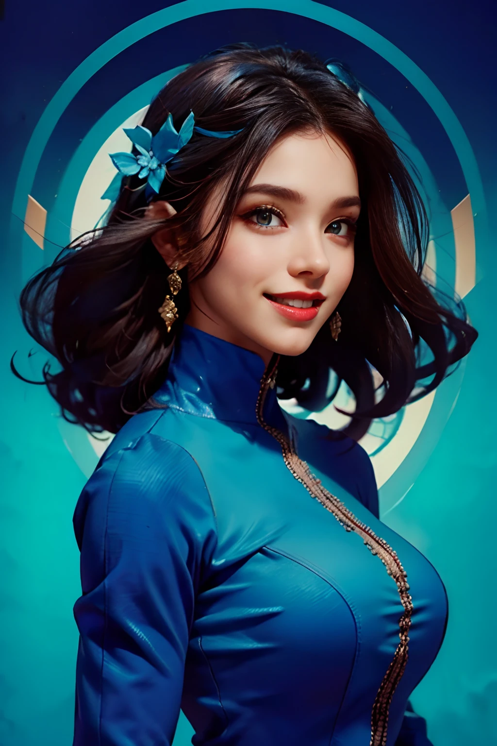 Mulher, rosto de , olhos castanhos, seios grandes enormes(Corpo humano inteiro), vestido azul claro,sorriso alegre