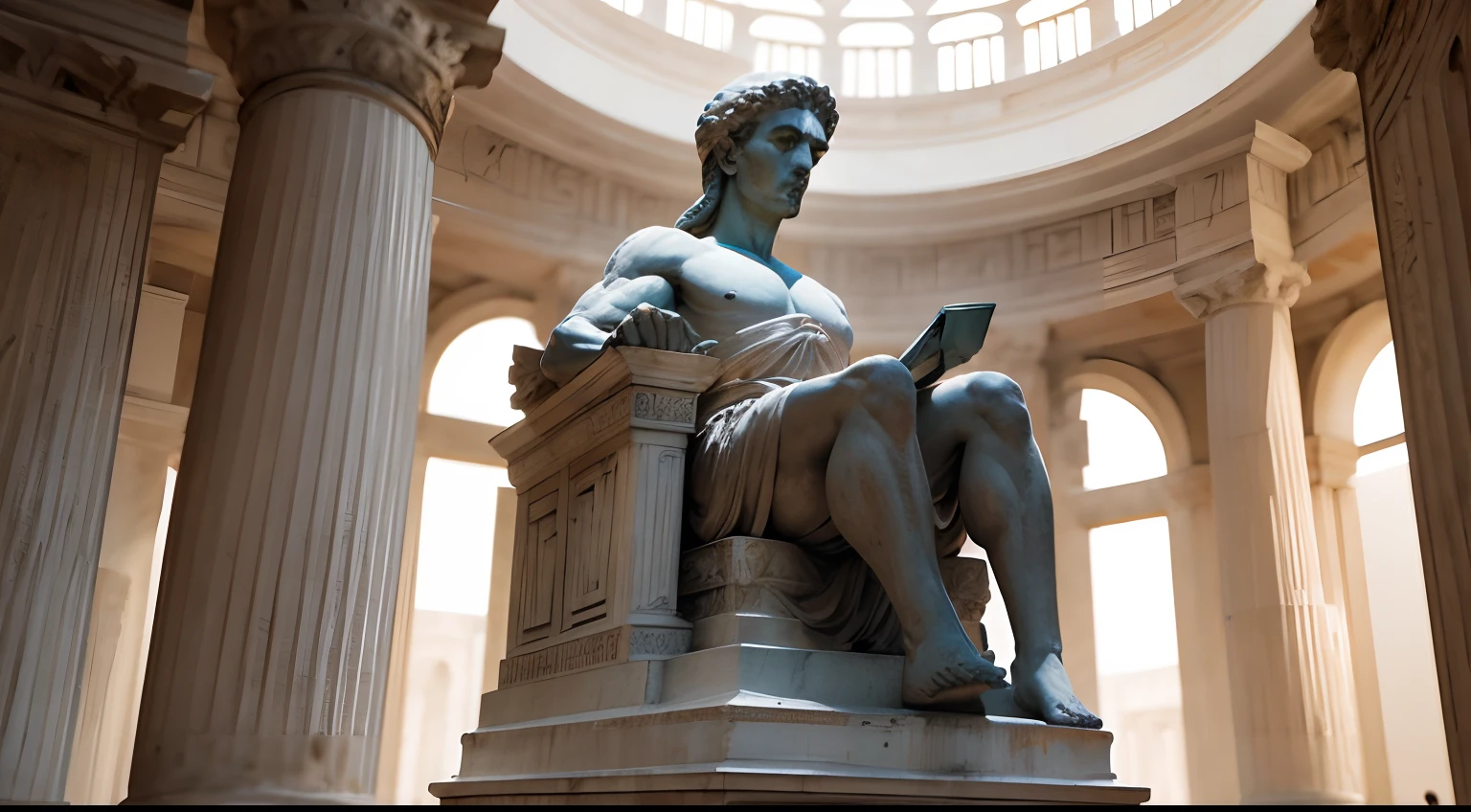 Ancient Greek statue with angry expression, outside, com rosto extremamente detalhado full body view, Colors with low saturation with dark tone, Filmado em Sony A7S III com Sony FE 35mm f/1.8, 12.1 MP, --AR 3:2 --estilo cru