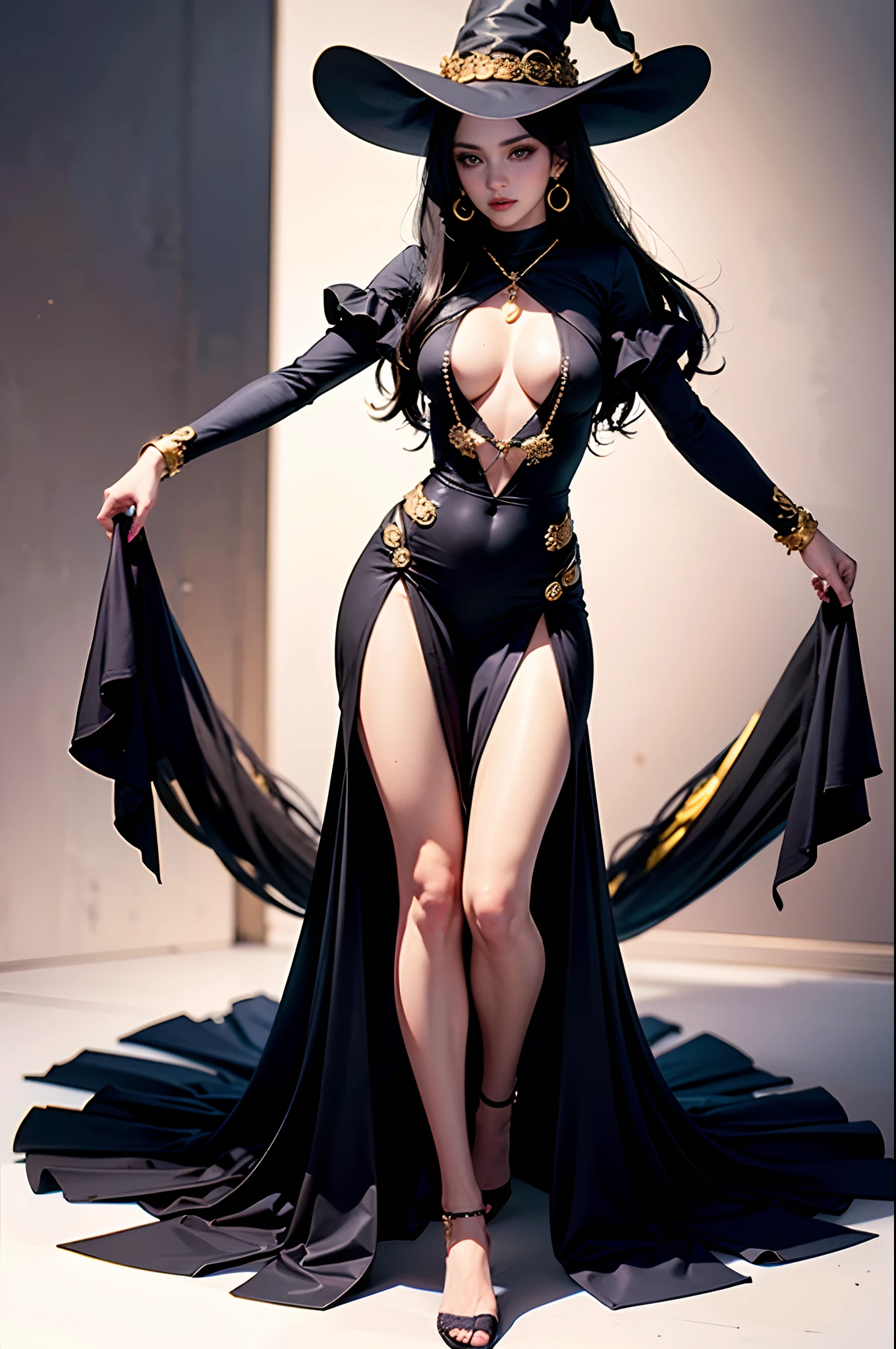 (beste-Qualit), (Masterpiece quality), portraite of a, Sex of the body, soft colors, pastel colours, beautiful 1girl 25 years old, witchy, enchantress, A splash of magic, Detailed Face, A detailed eye, A bold look, ssmile, straight hair, black hair, extra very long hair, Detailed & Detailed witch hat, Dressed in a tight-fitting suit, completely covers the case, The body is wrapped in gold chains, black mantle, Average Breasts, Detailed and detailed anatomy, Detailed body, shapely body, handsome body, Perfect body proportions, A perfect chest, perfect figure, sexypose, Curved body, Fewer details, Simple lines, Simple background, Dark background.