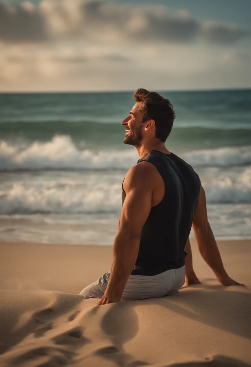 MAN WITH EXPRESSION OF DELIGHT AND PLEASURE ON A BEAUTIFUL BEACH